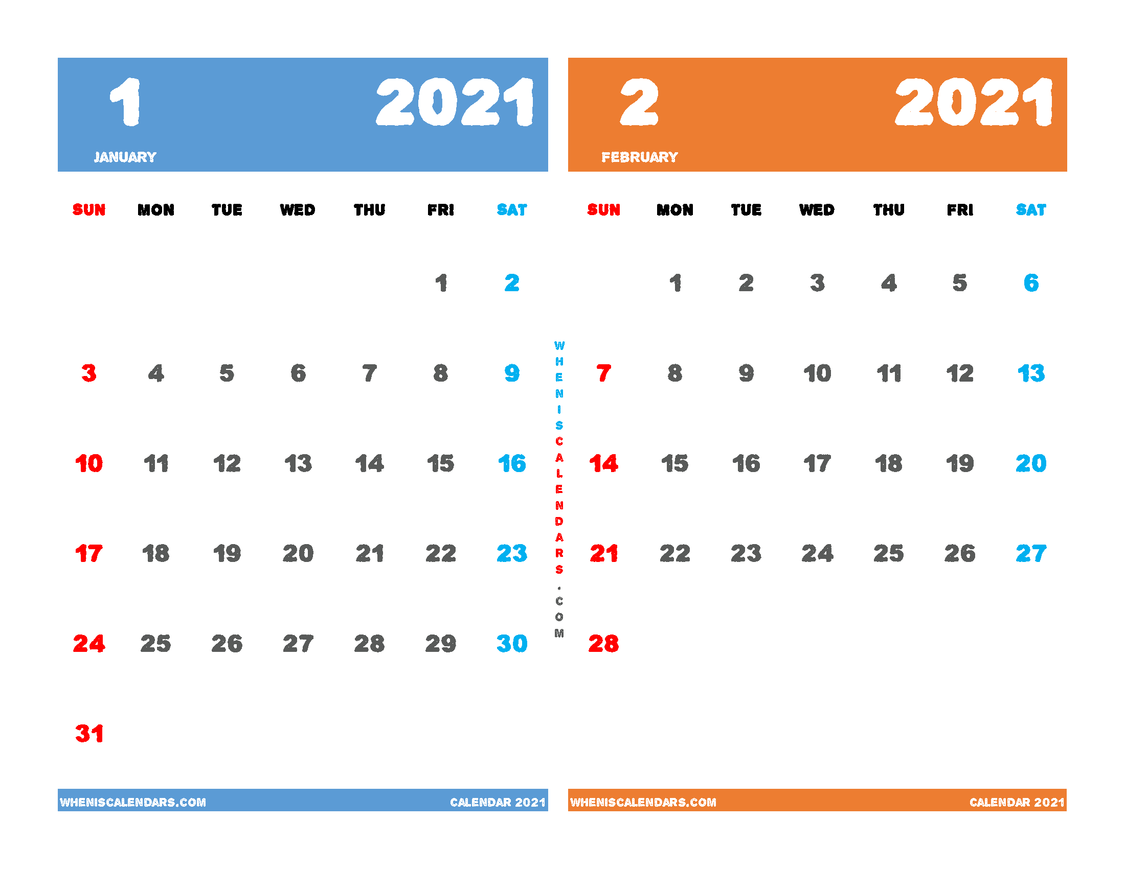 free printable january and february 2021 calendar two month on one page