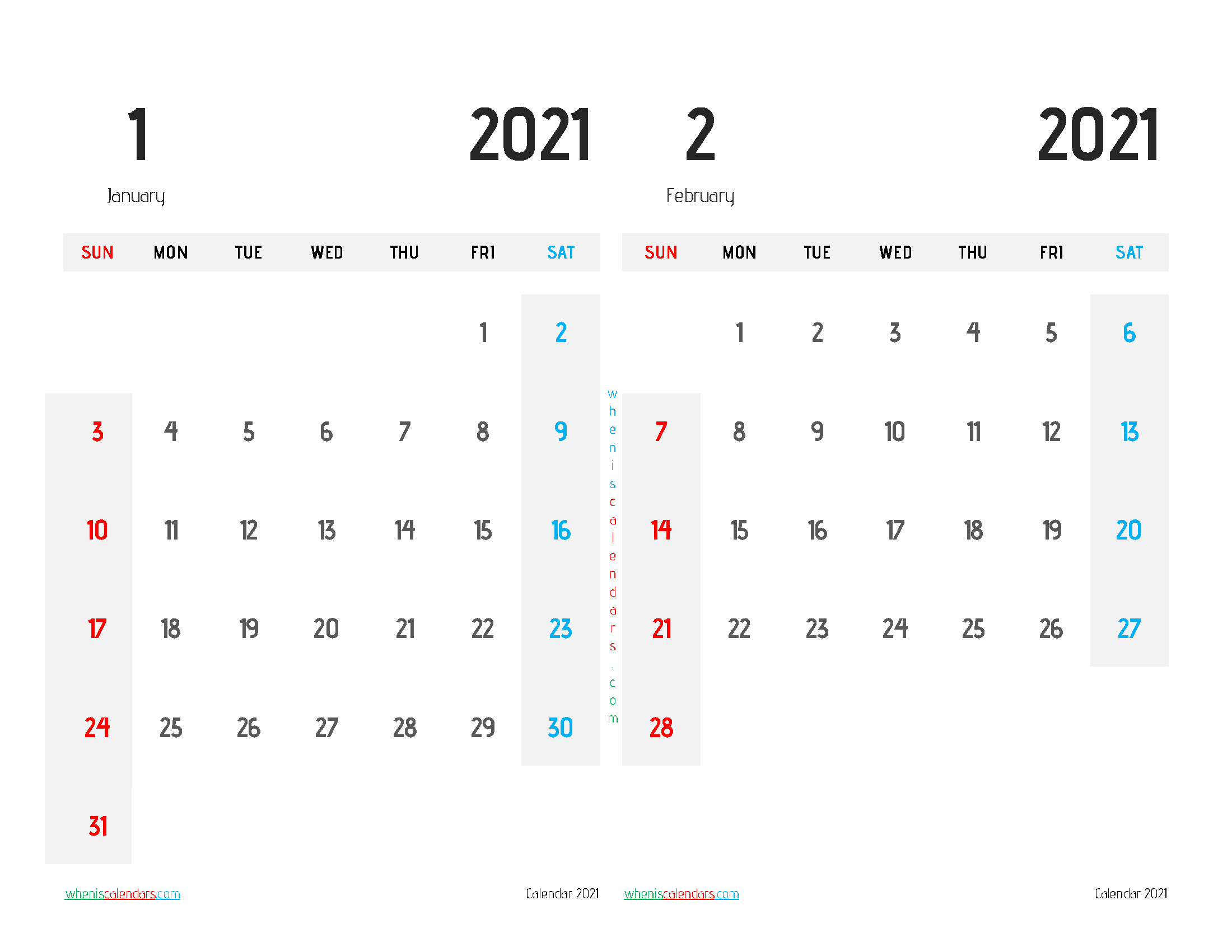 Calendar for January and February 2021