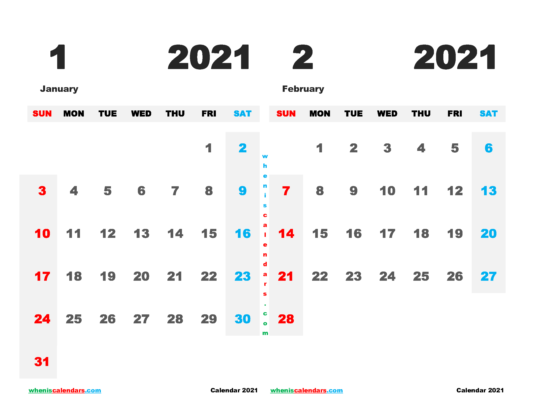 January February 2021 Calendar Free Printable