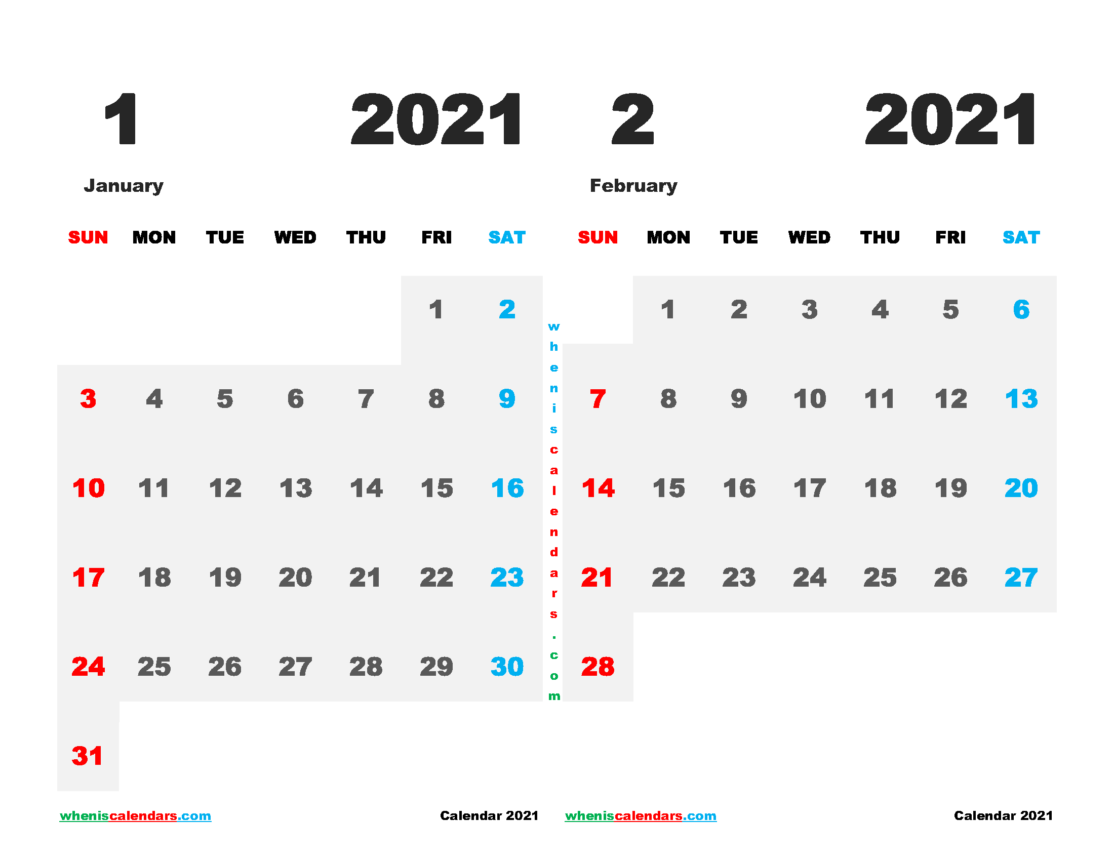 January February 2021 Calendar Free Printable