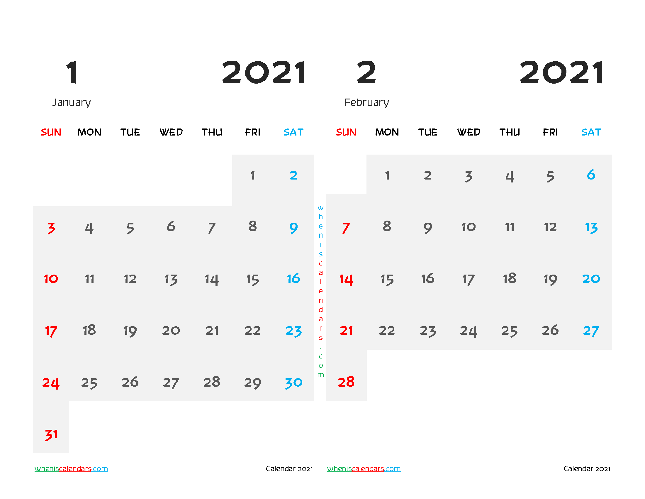 January and February 2021 Calendar Printable