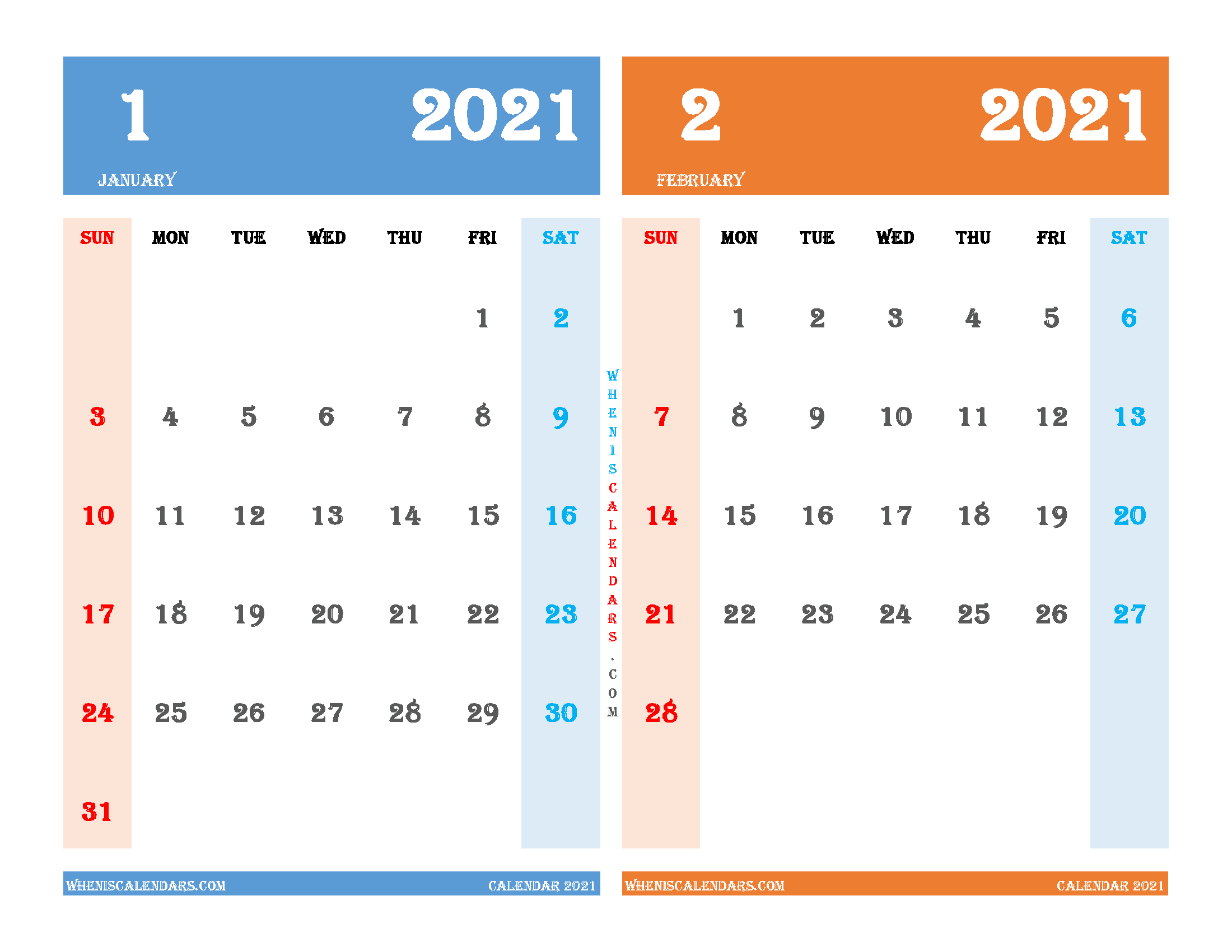 free printable january and february 2021 calendar two month on one page