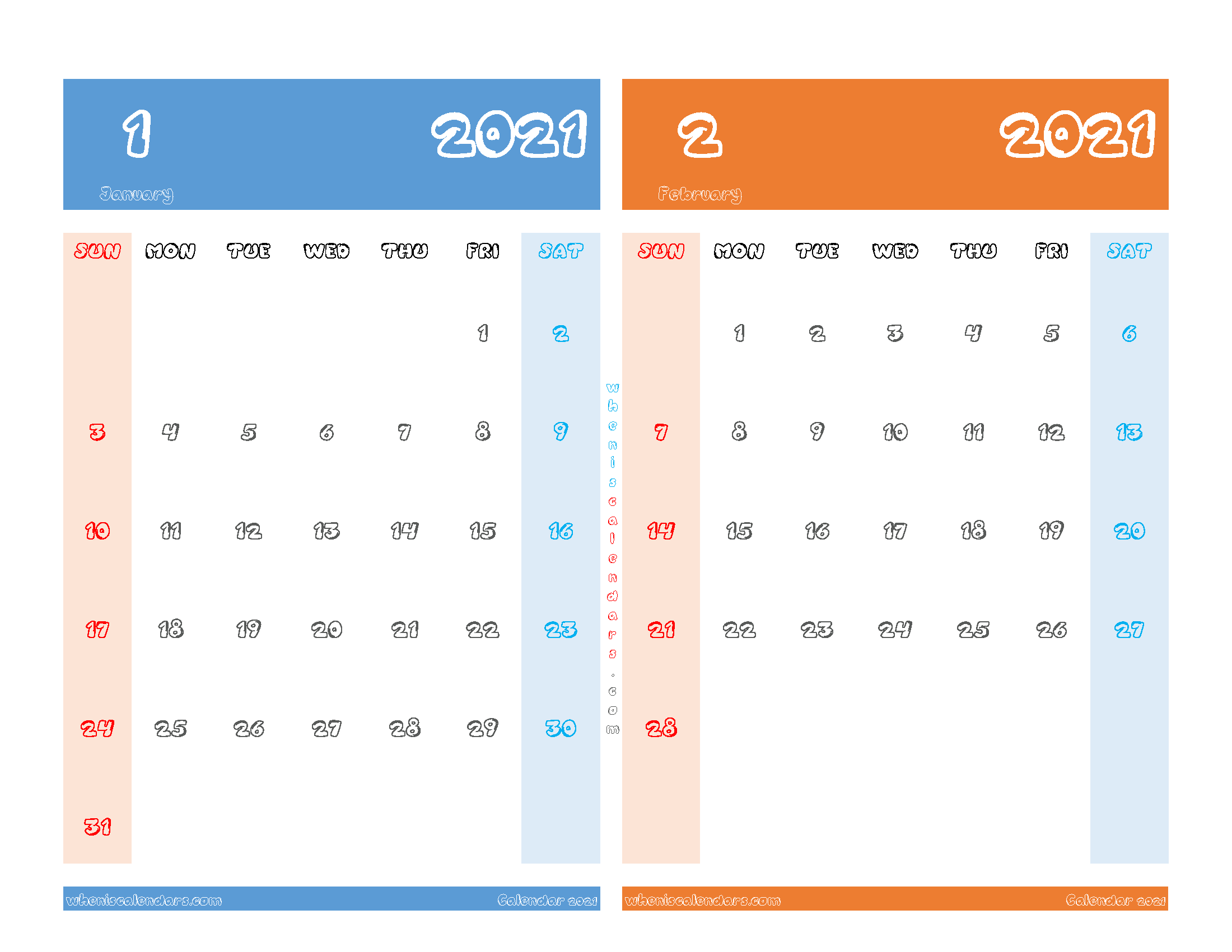 Calendar for January and February 2021