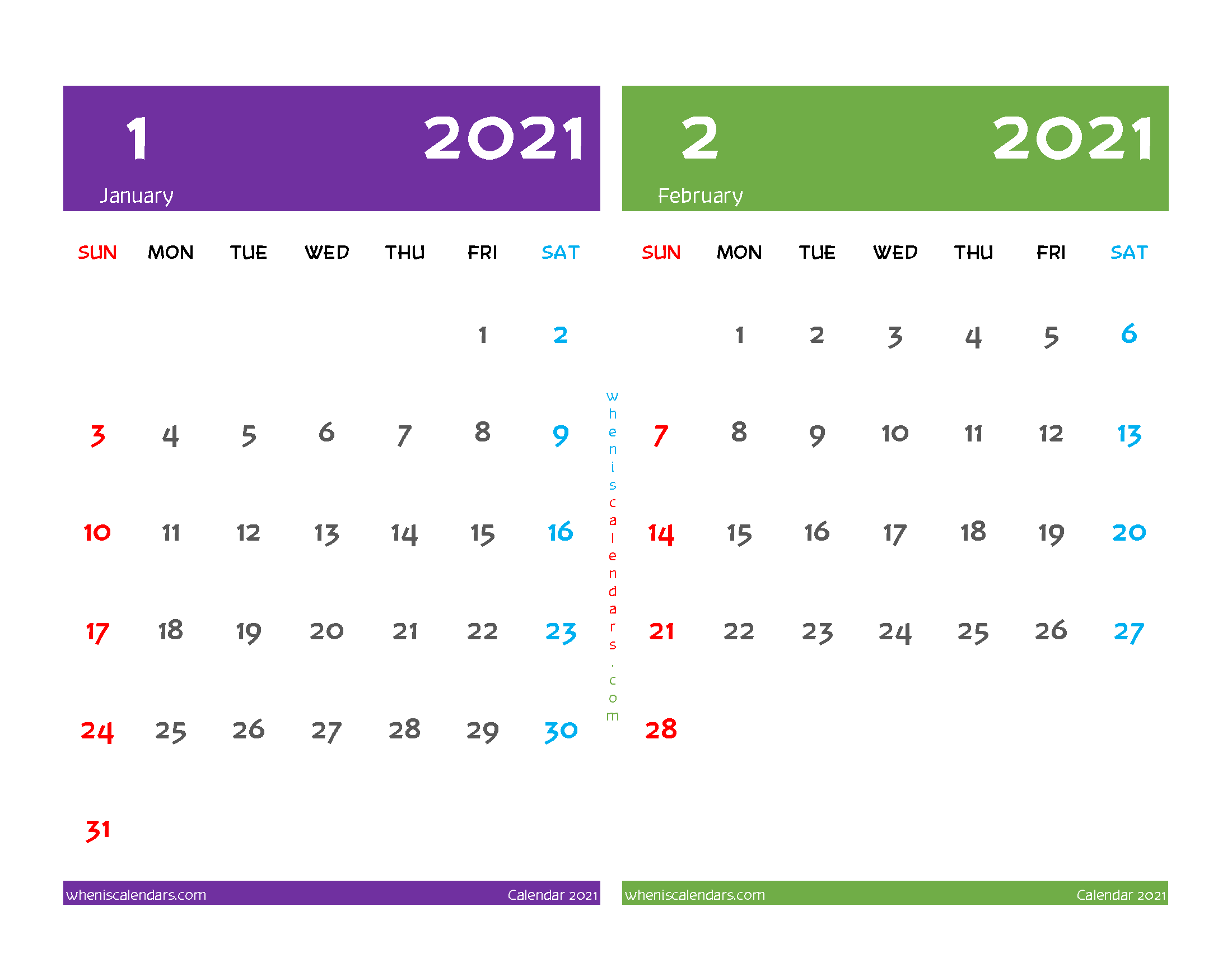 January and February 2021 Calendar Printable