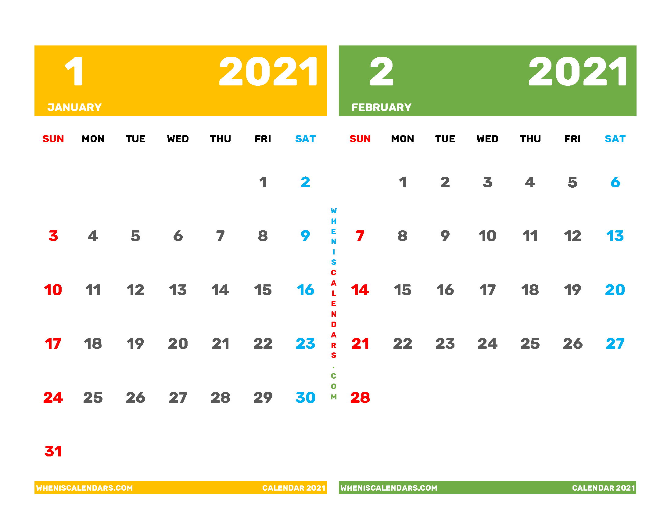 January February 2021 Calendar Printable