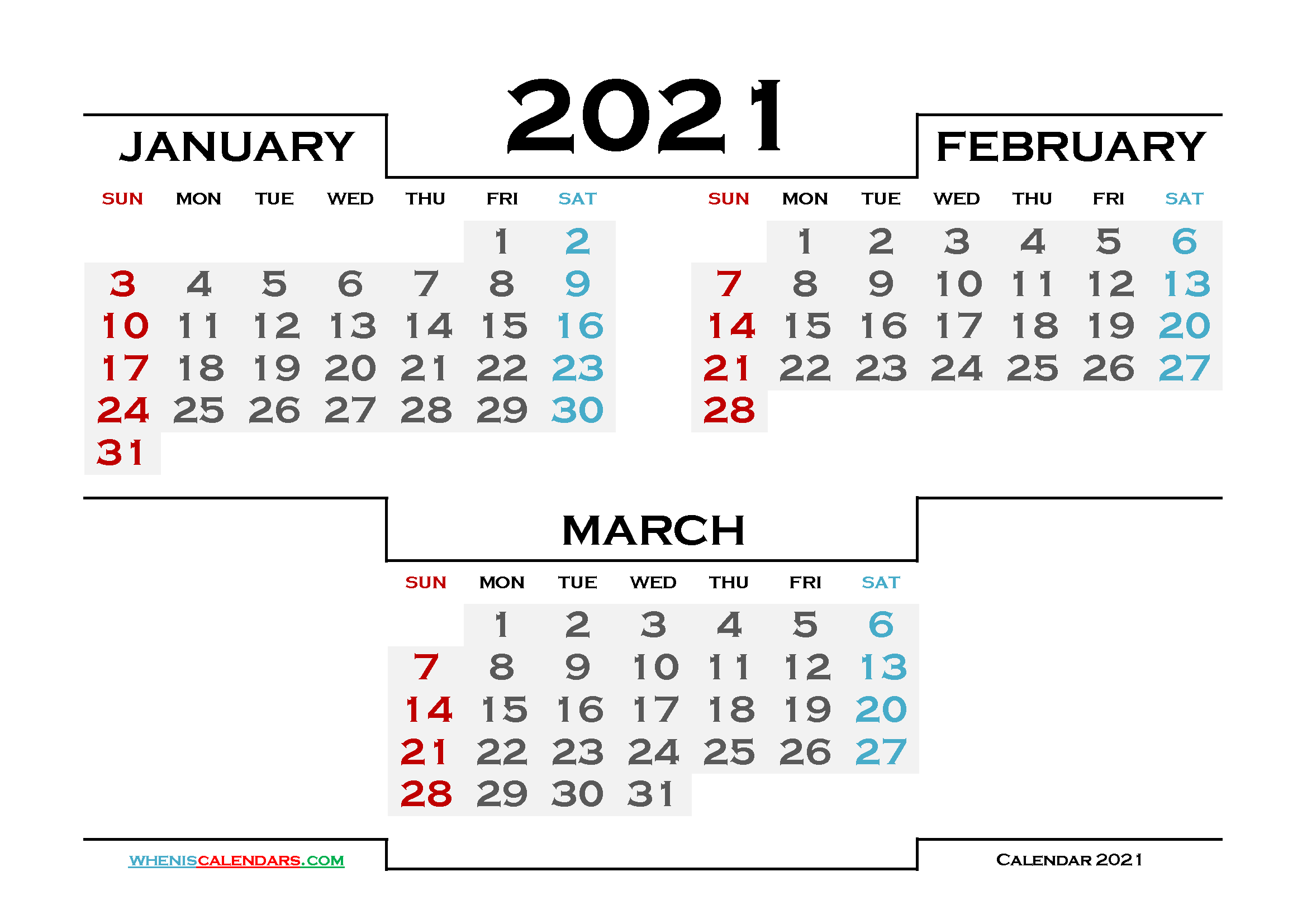 Printable January February March 2021 Calendar
