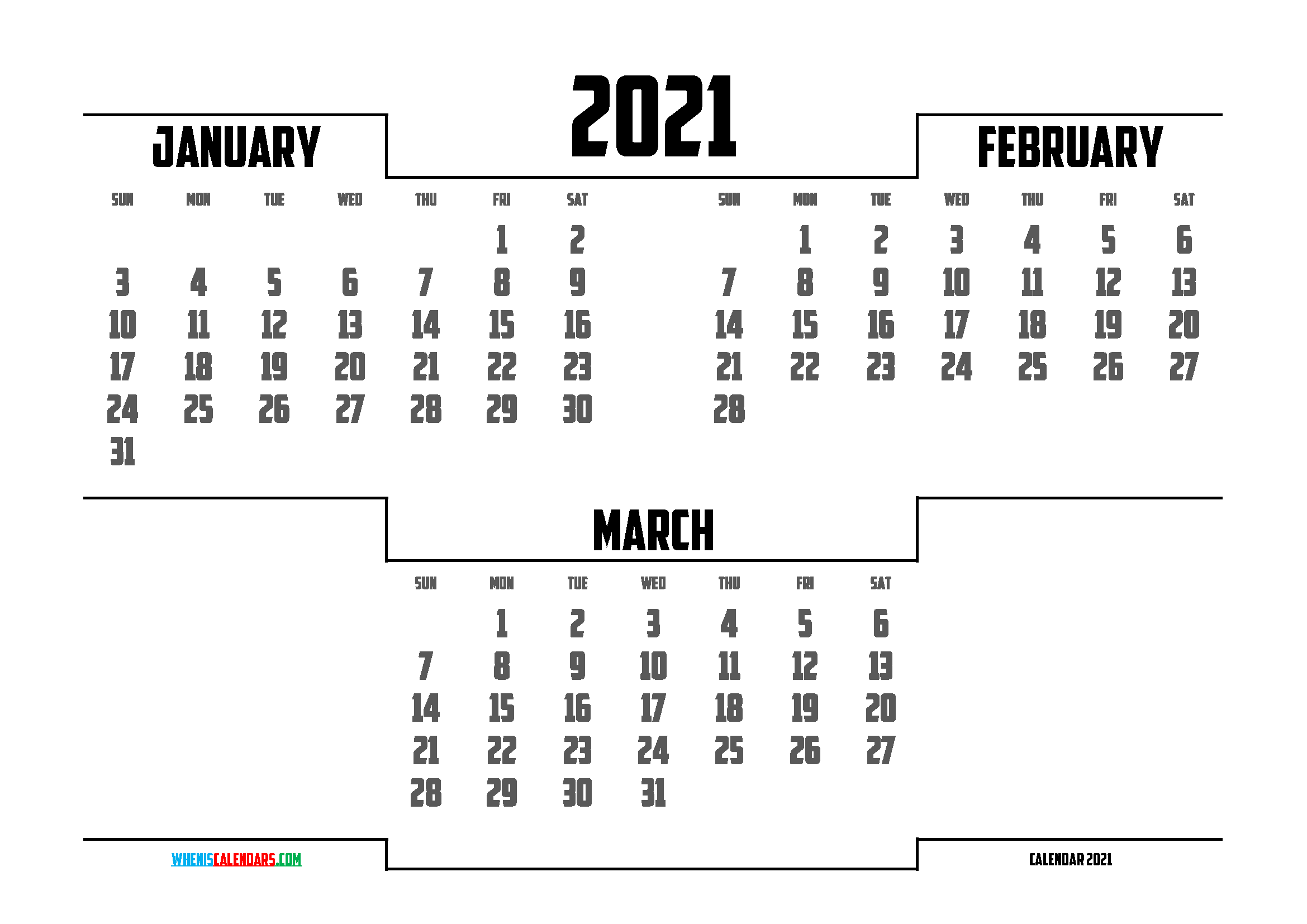 January February March 2021 Calendar printable 3 month calendar on one page