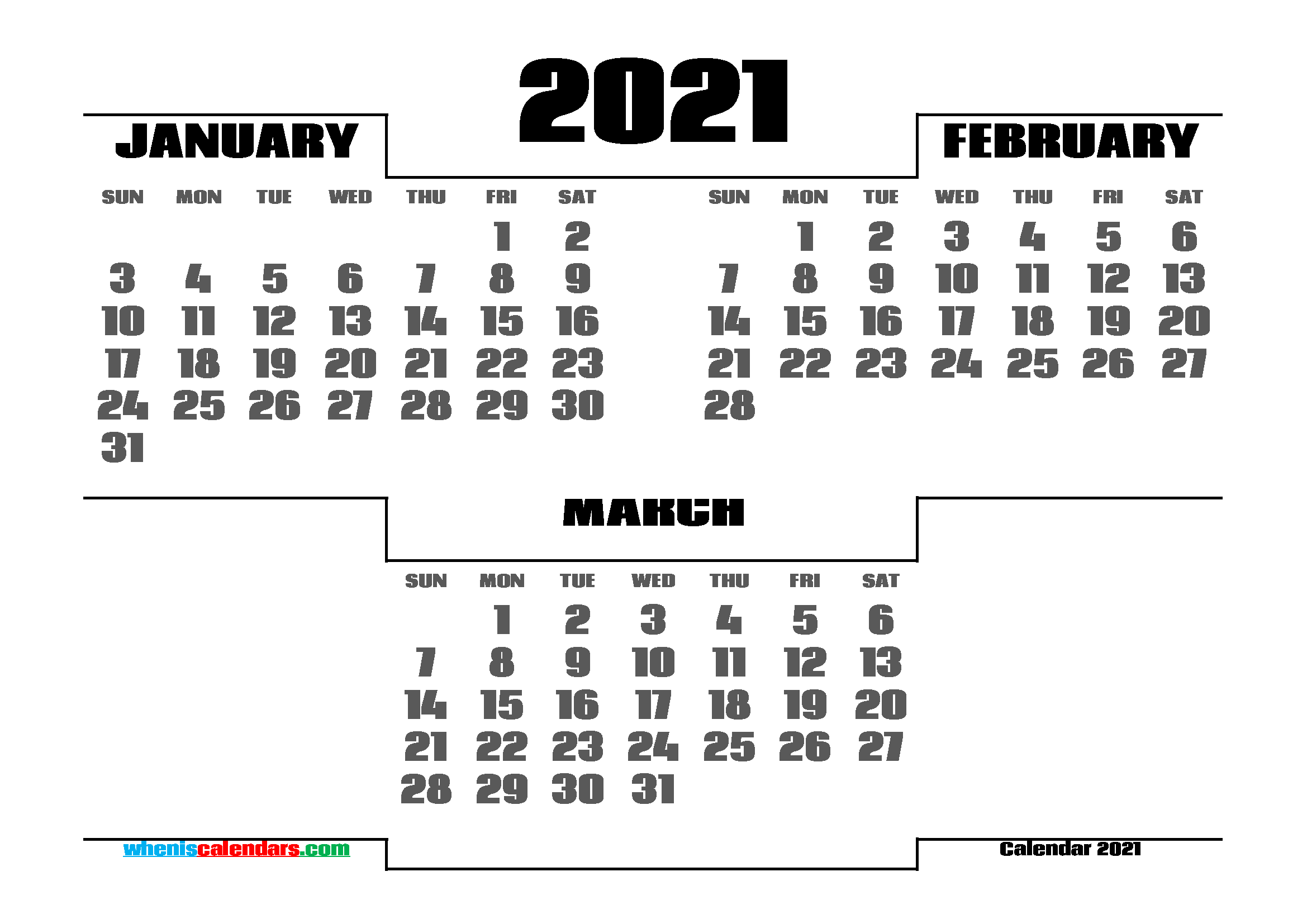 January February March 2021 Calendar printable 3 month calendar on one page
