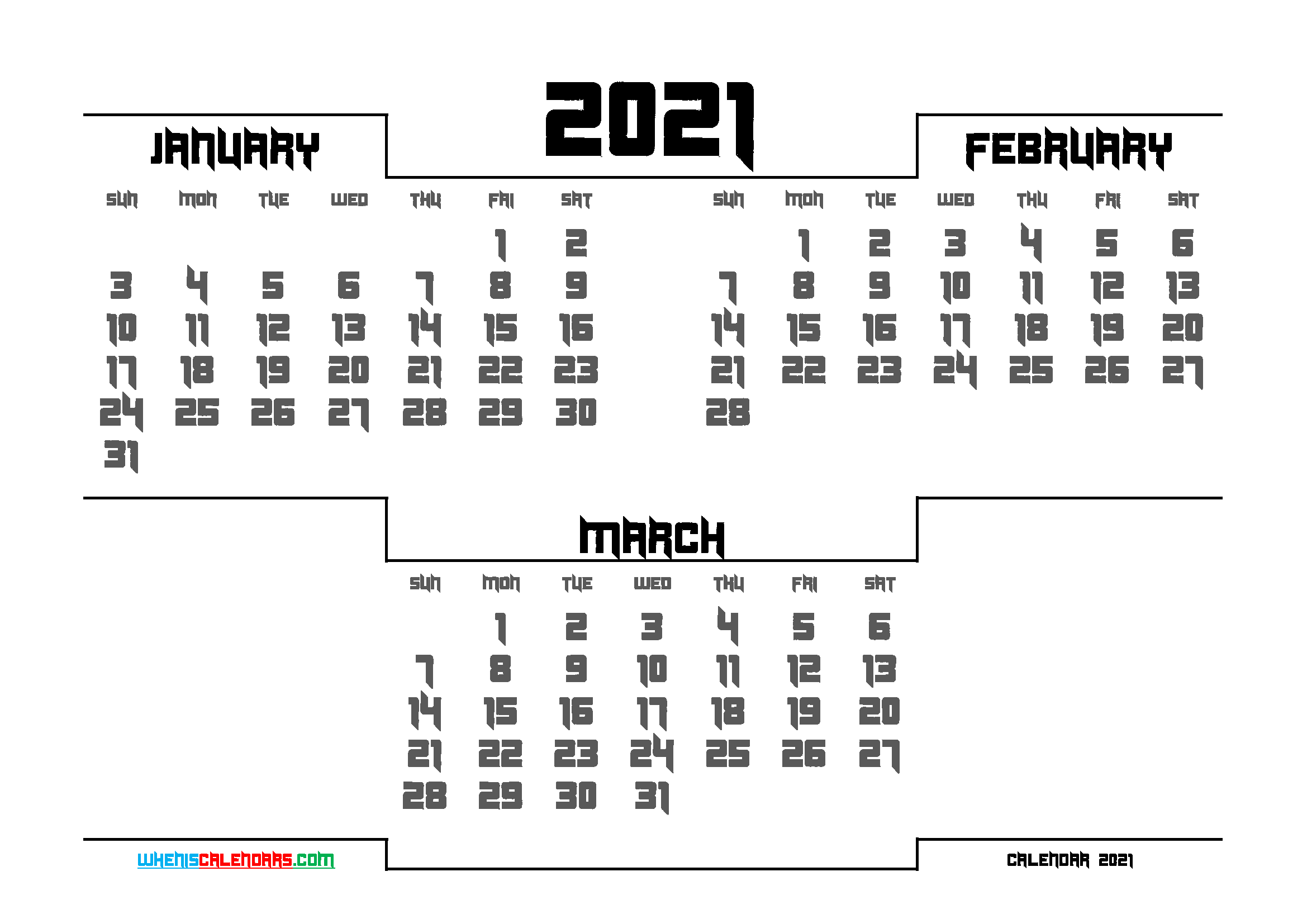 January February March 2021 Calendar Free