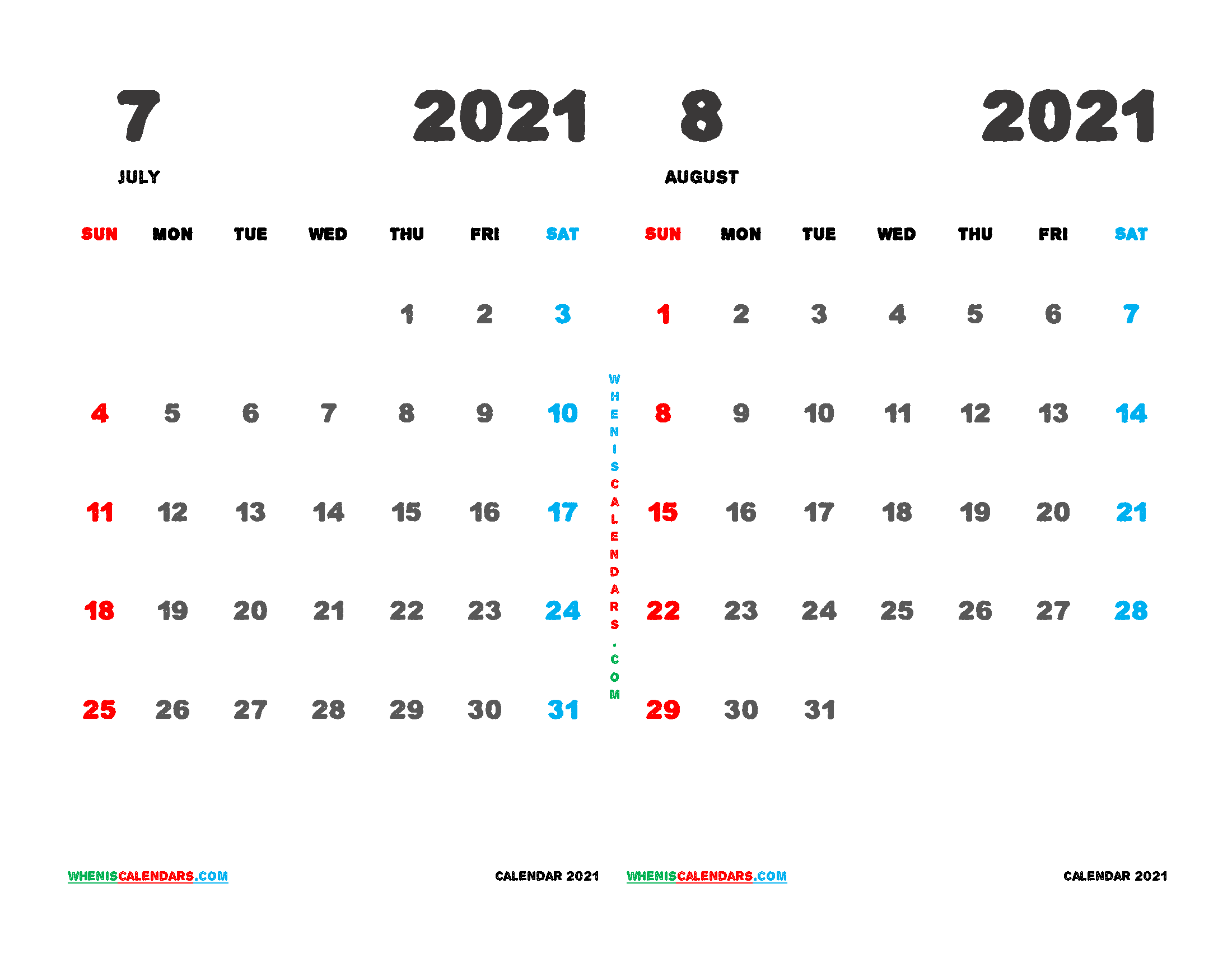 July August 2021 Calendar Free Printable