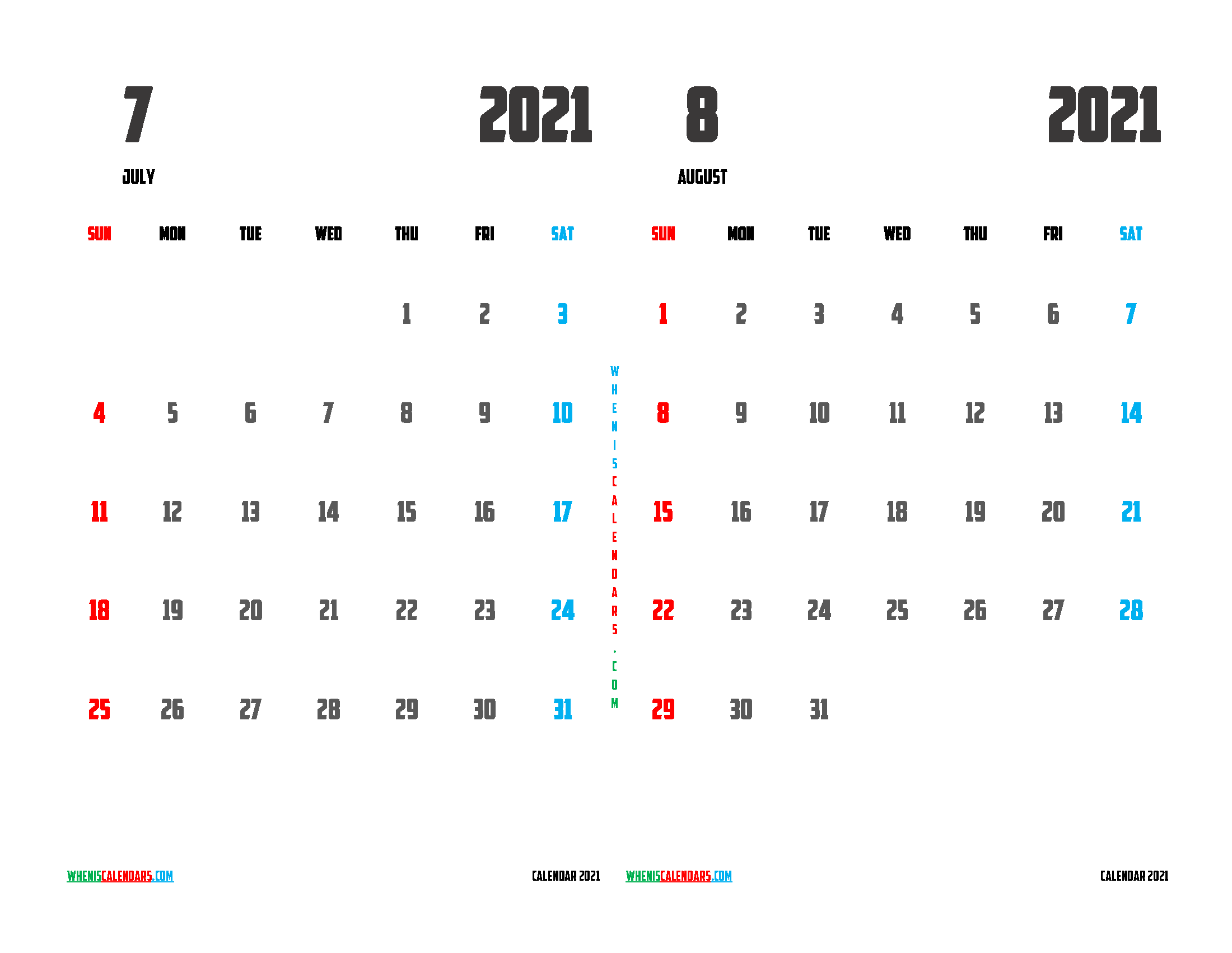 Calendar for July and August 2021