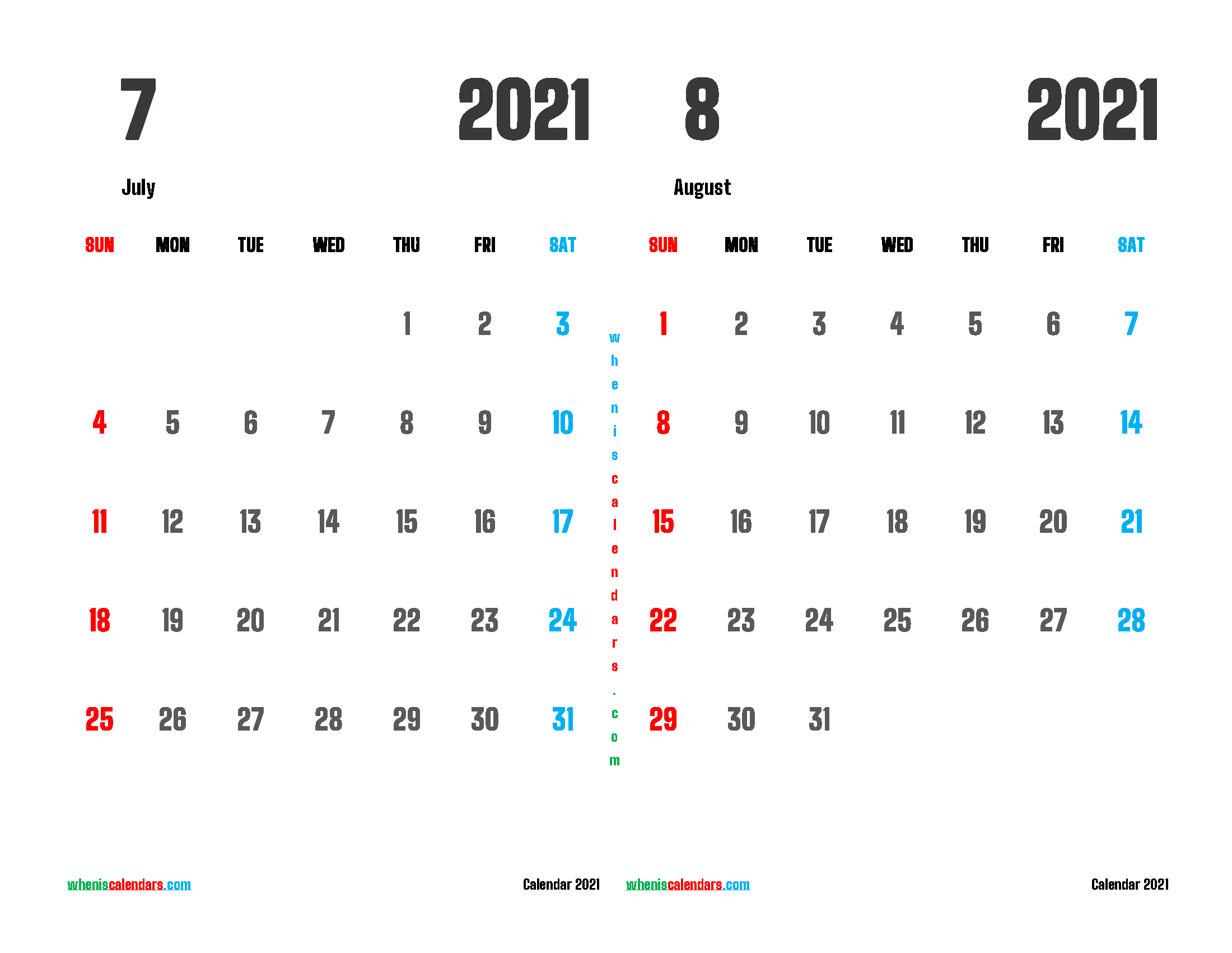 free printable july and august 2021 calendar two month on one page