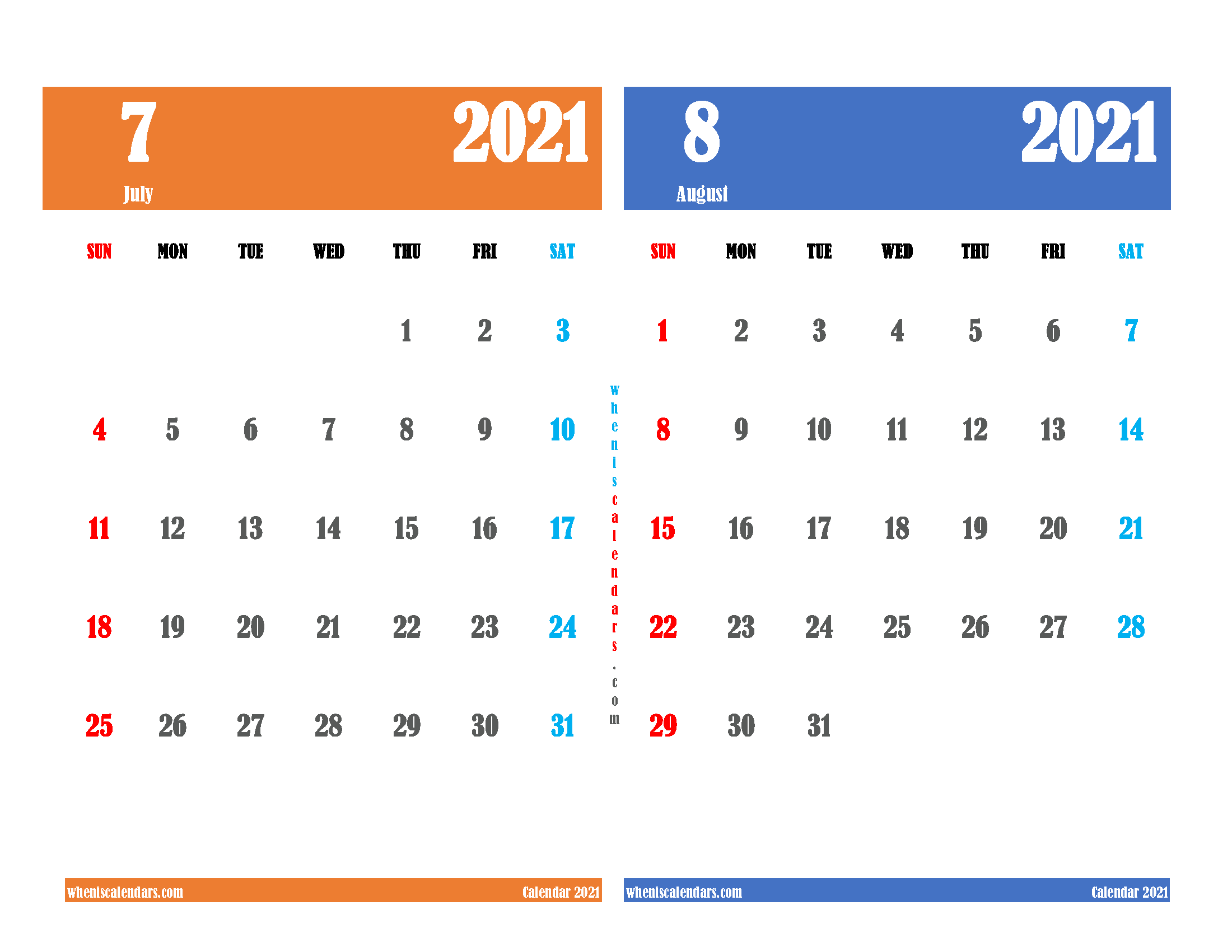 Calendar for July August 2021