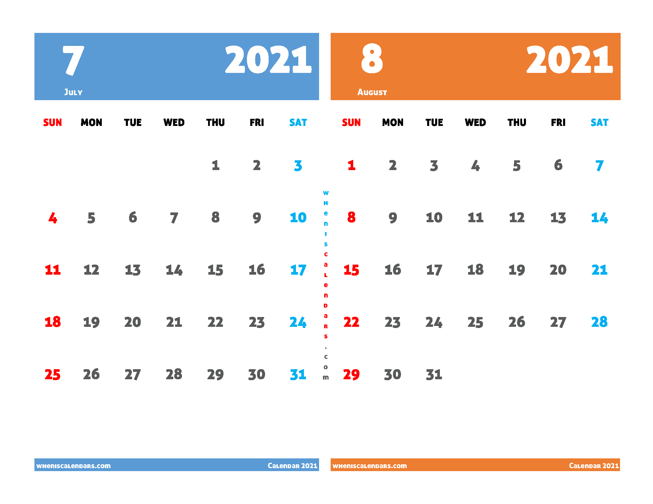 July August 2021 Calendar Printable