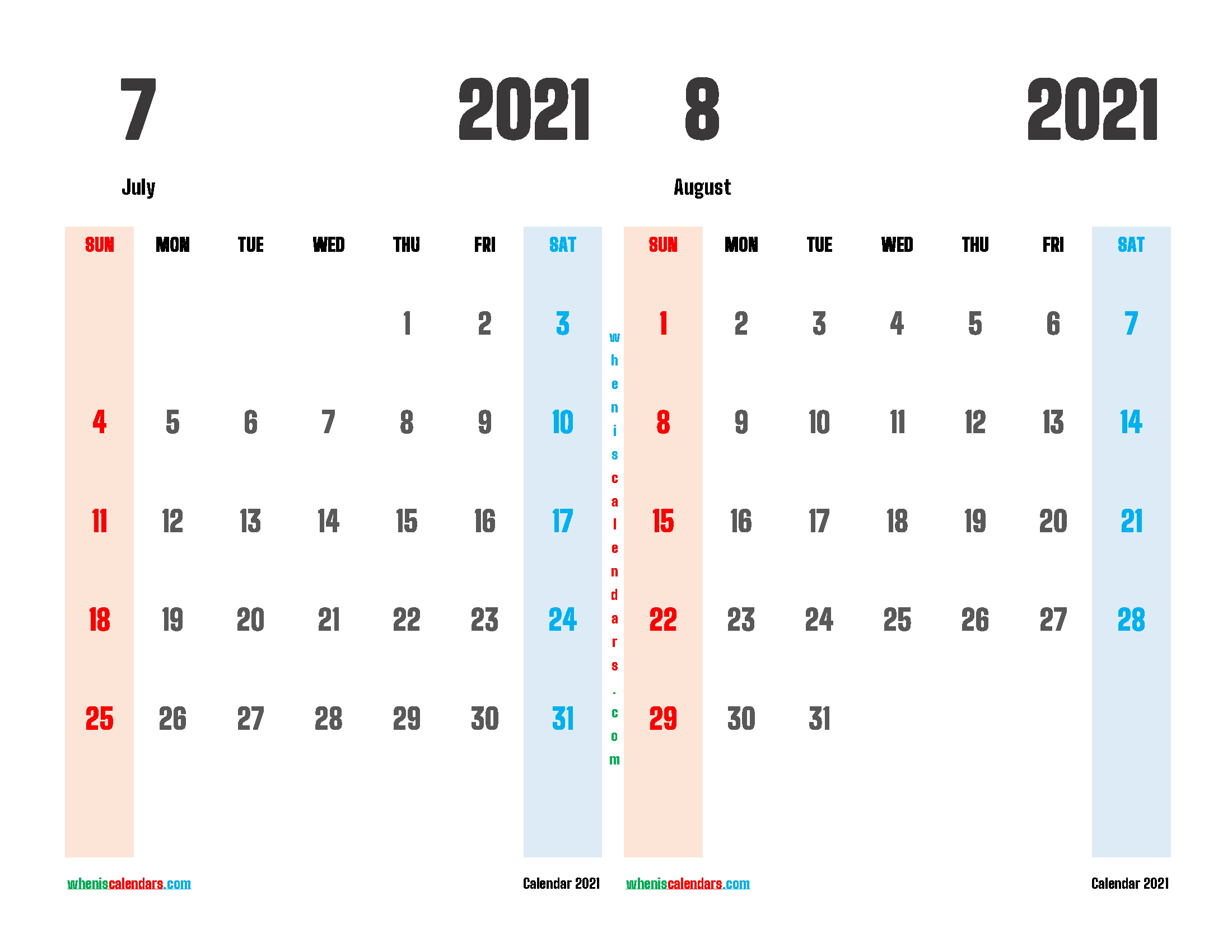 Calendar for July and August 2021