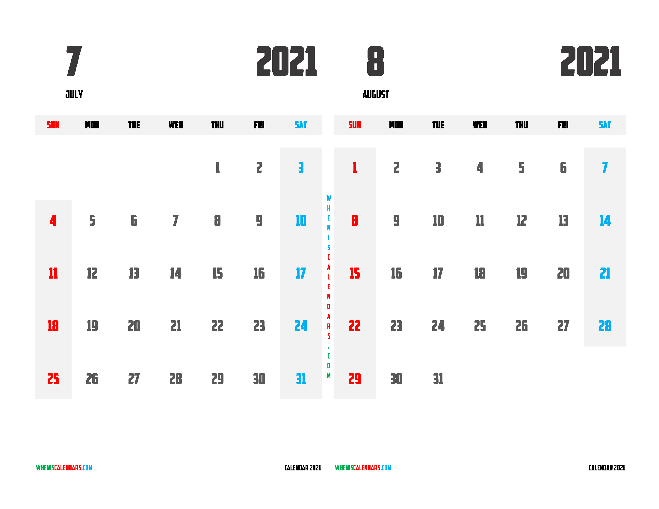 free printable july and august 2021 calendar two month on one page