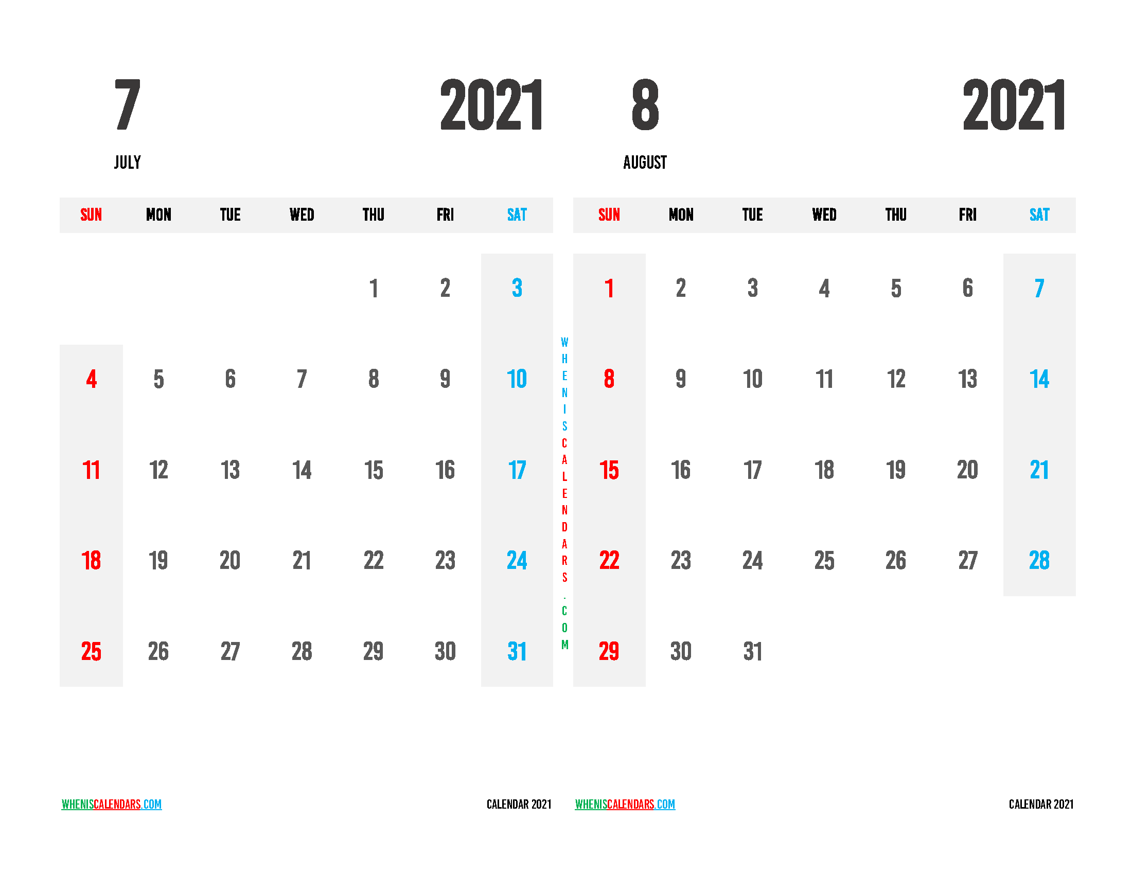 July August 2021 Calendar Printable
