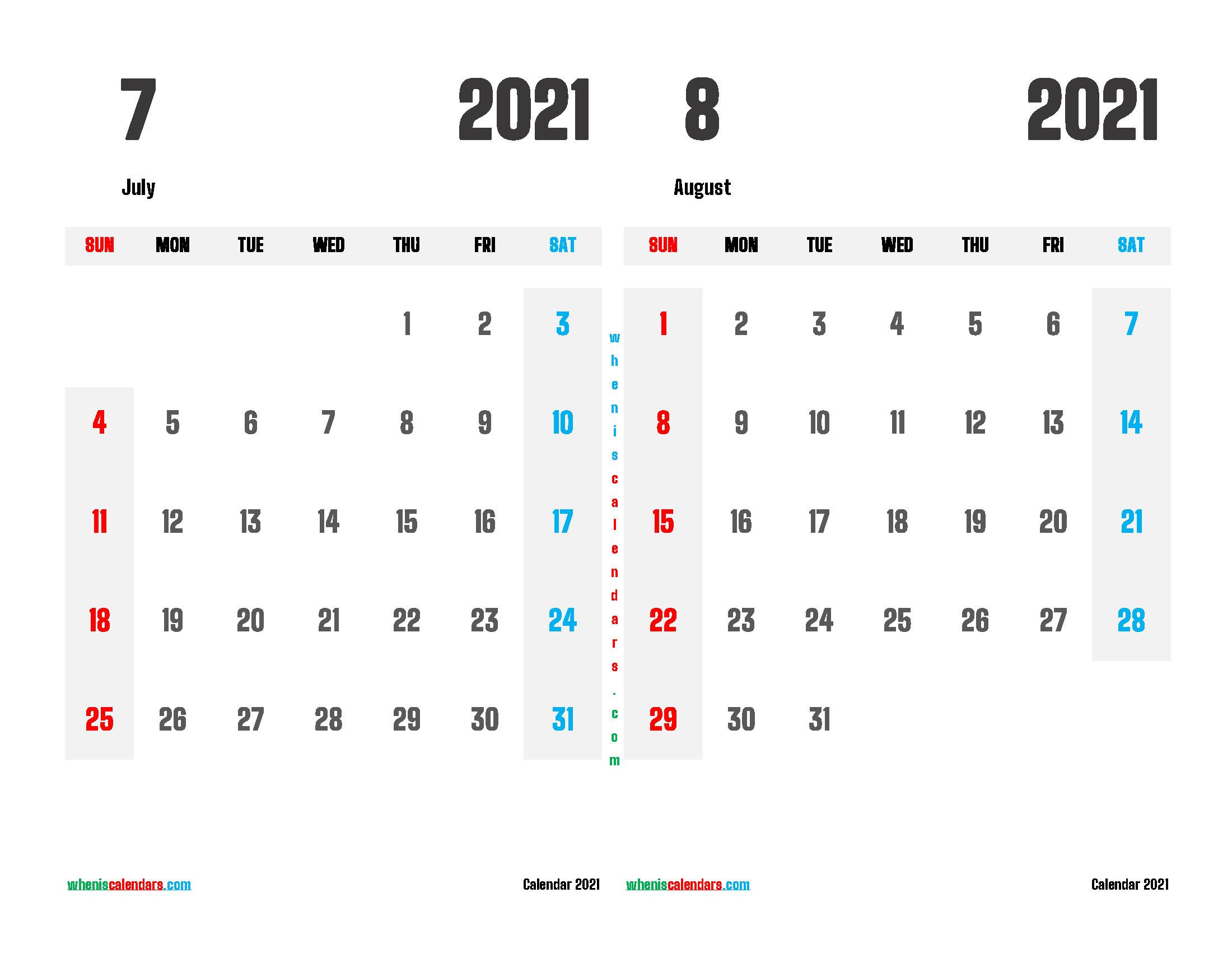 free printable july august 2021 calendar two month on one page