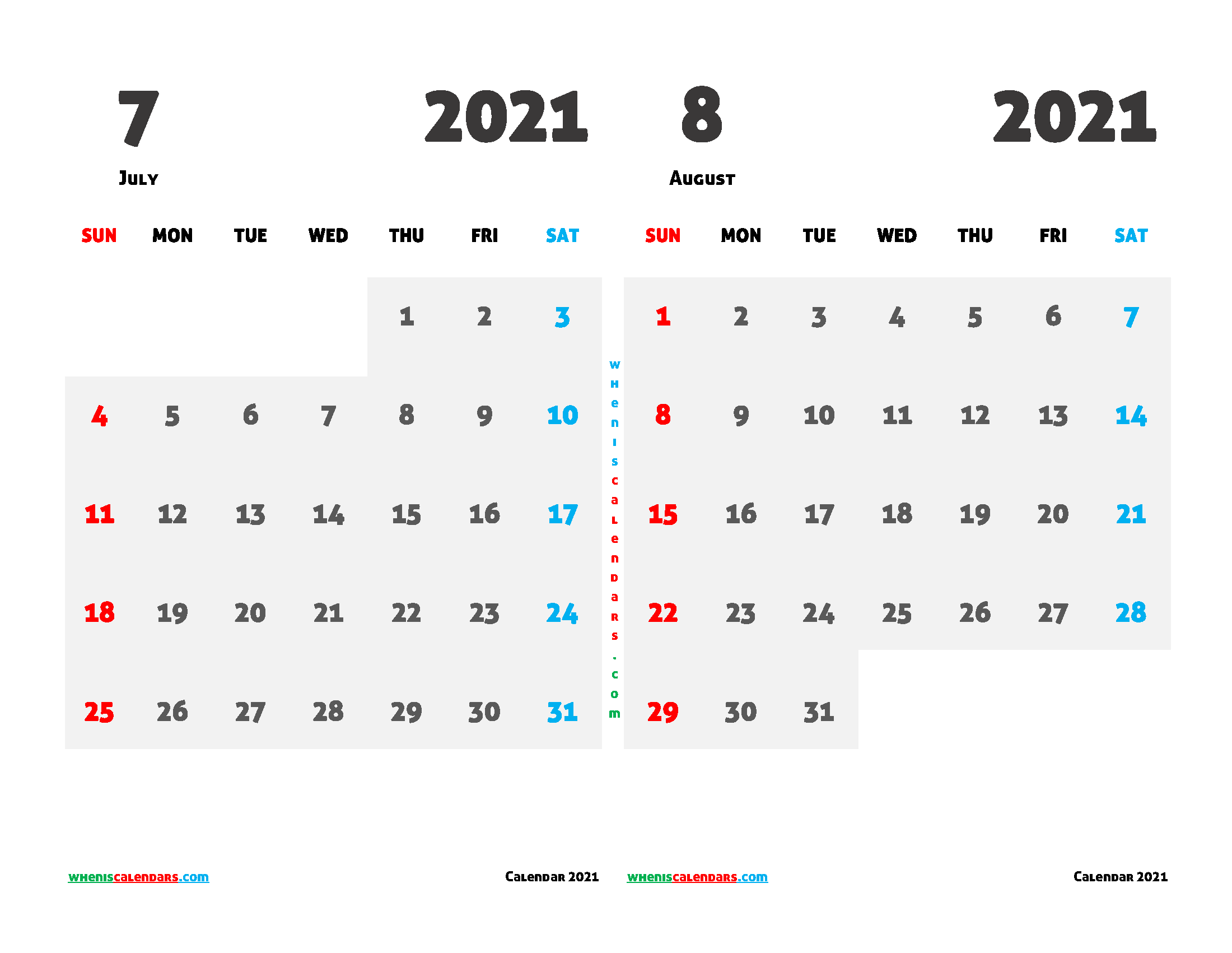 July and August 2021 Calendar Printable