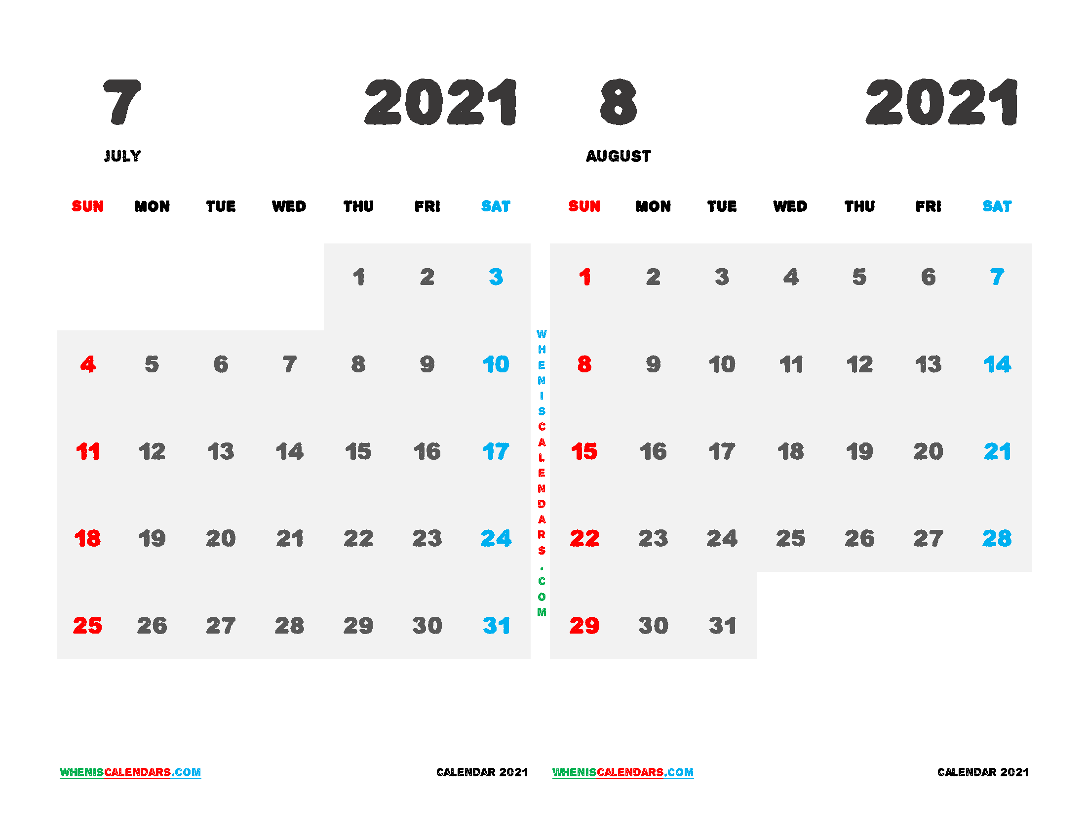 free printable july august 2021 calendar two month on one page
