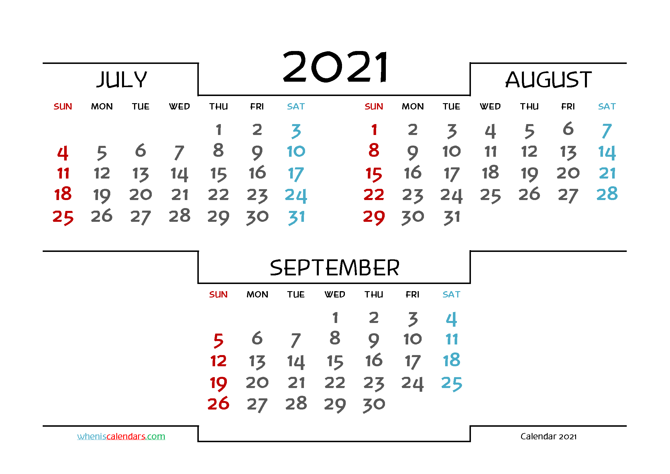 July August September 2021 Printable Calendar