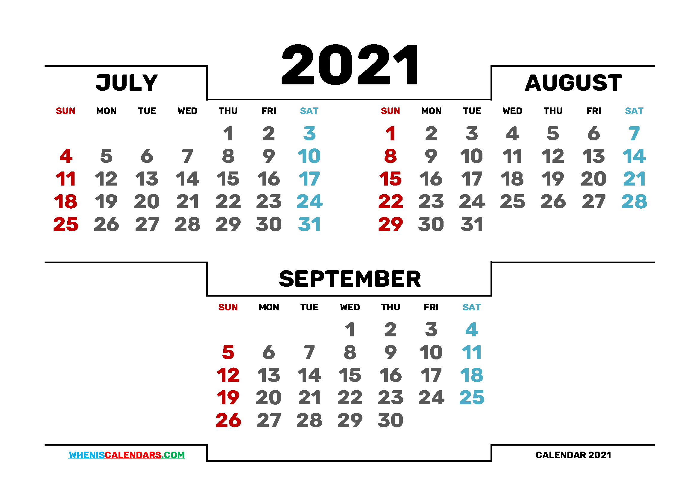 Free July August September 2021 Calendar Printable