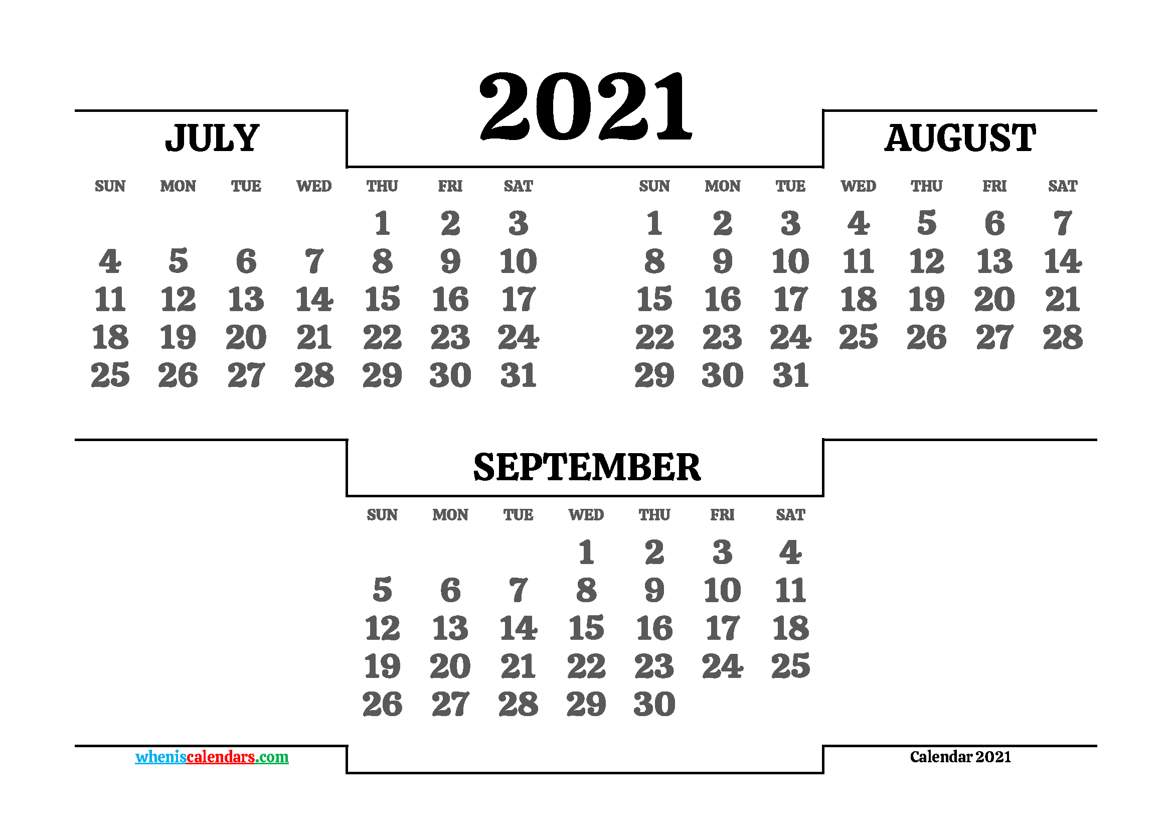 July August September 2021 Calendar printable 3 month calendar on one page