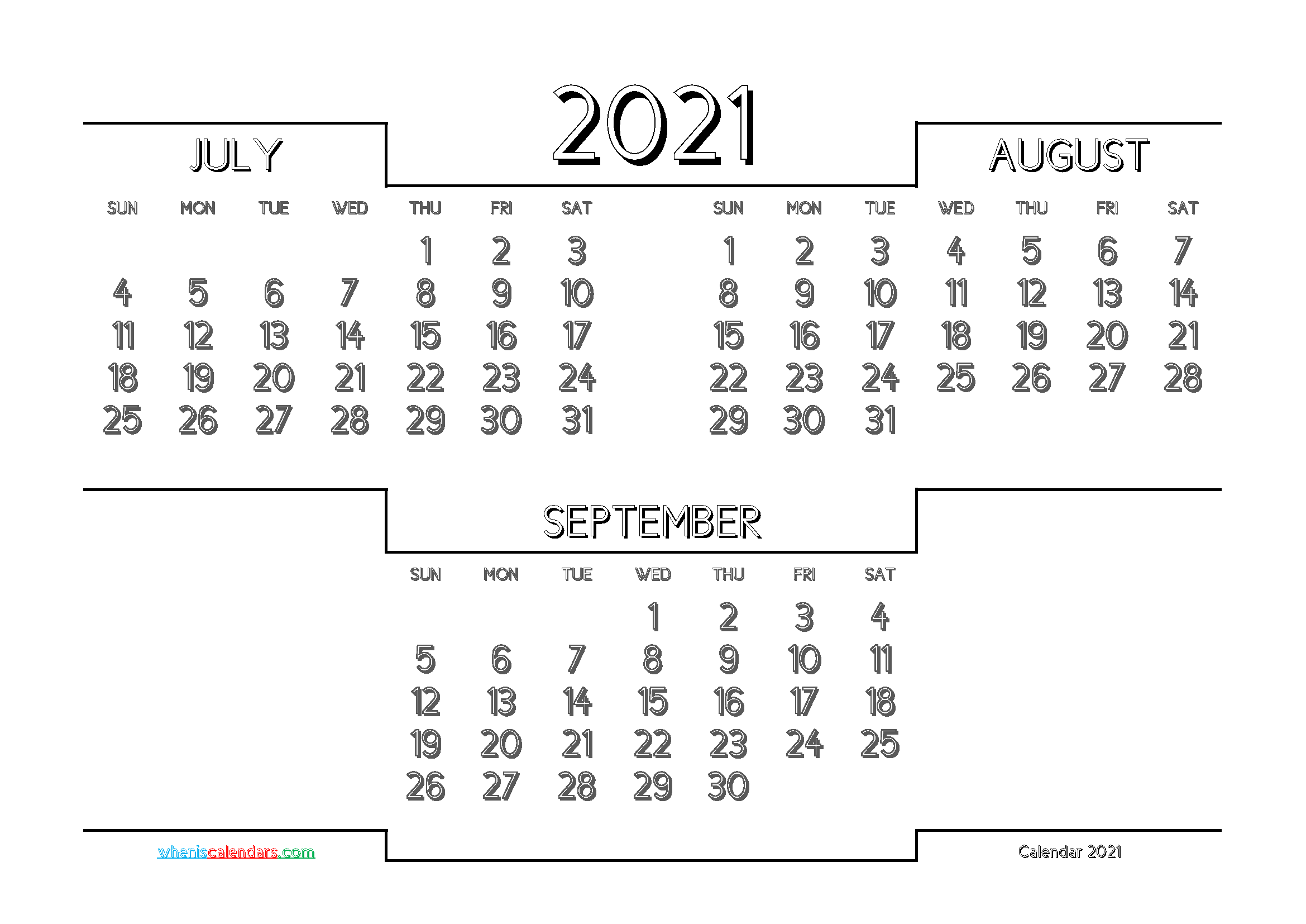 July August September 2021 Printable Calendar