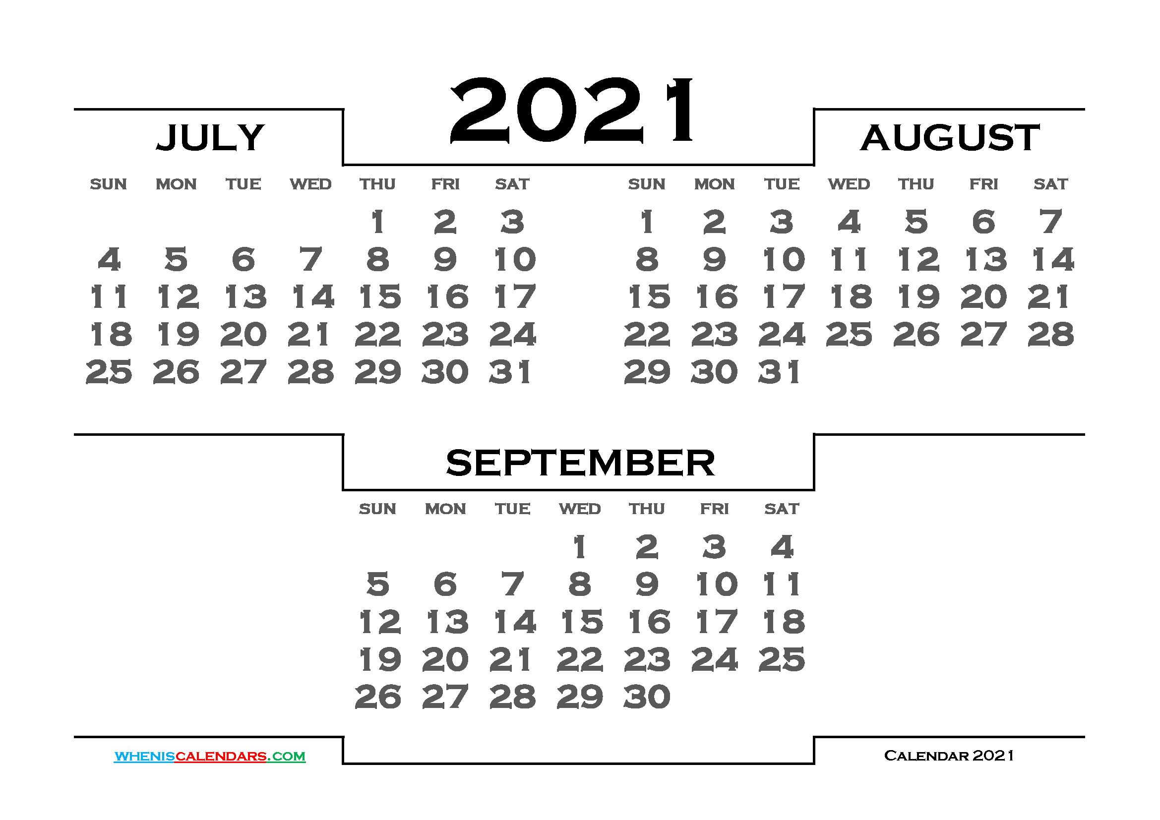 July August September 2021 Calendar printable 3 month calendar on one page