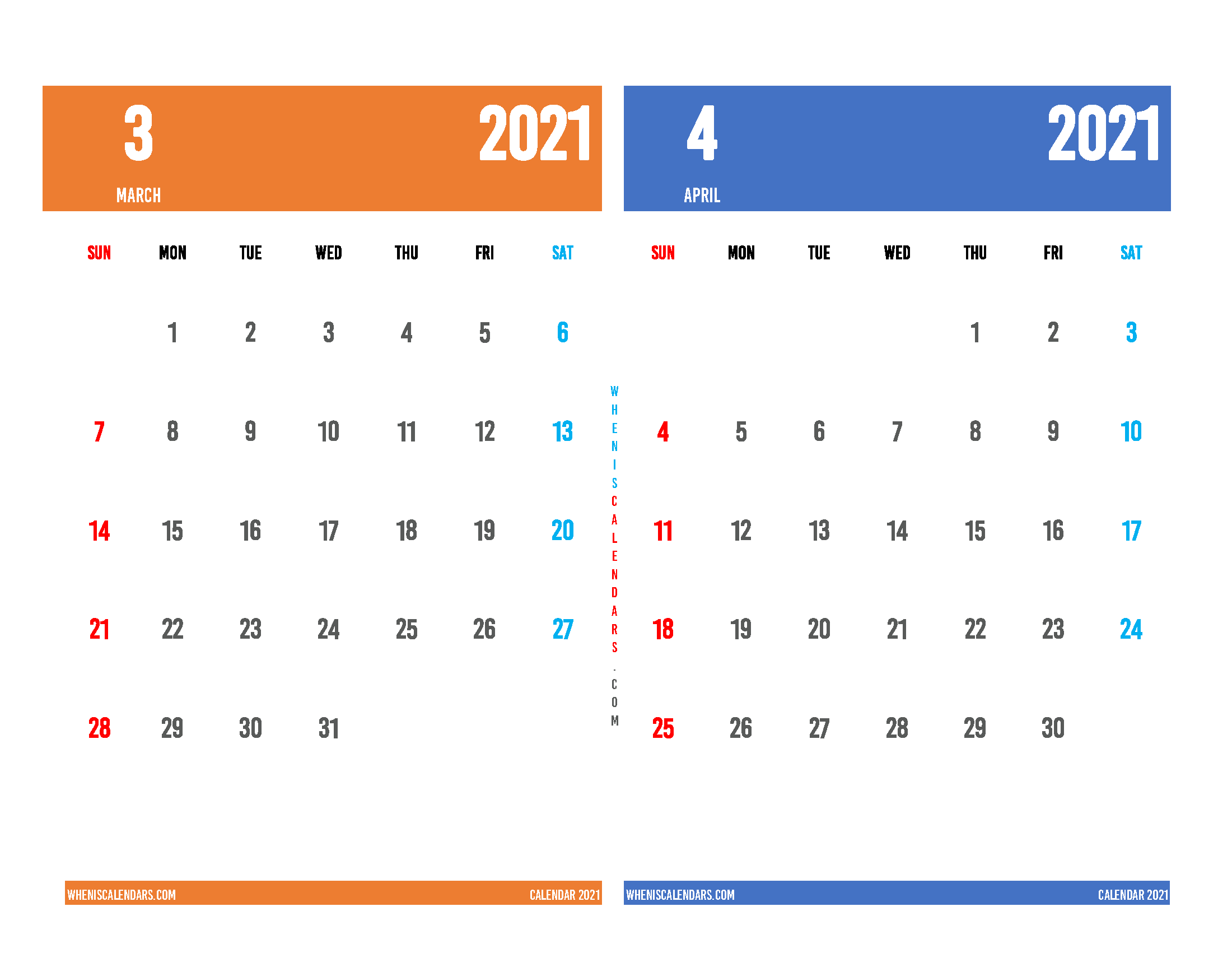 free printable march april 2021 calendar two month on one page