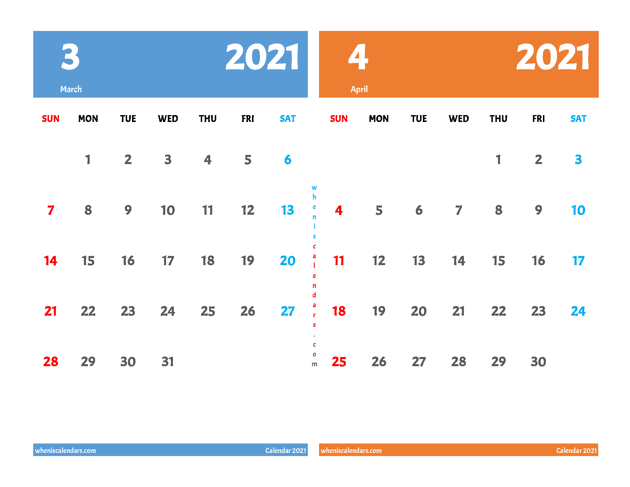 Calendar for March and April 2021