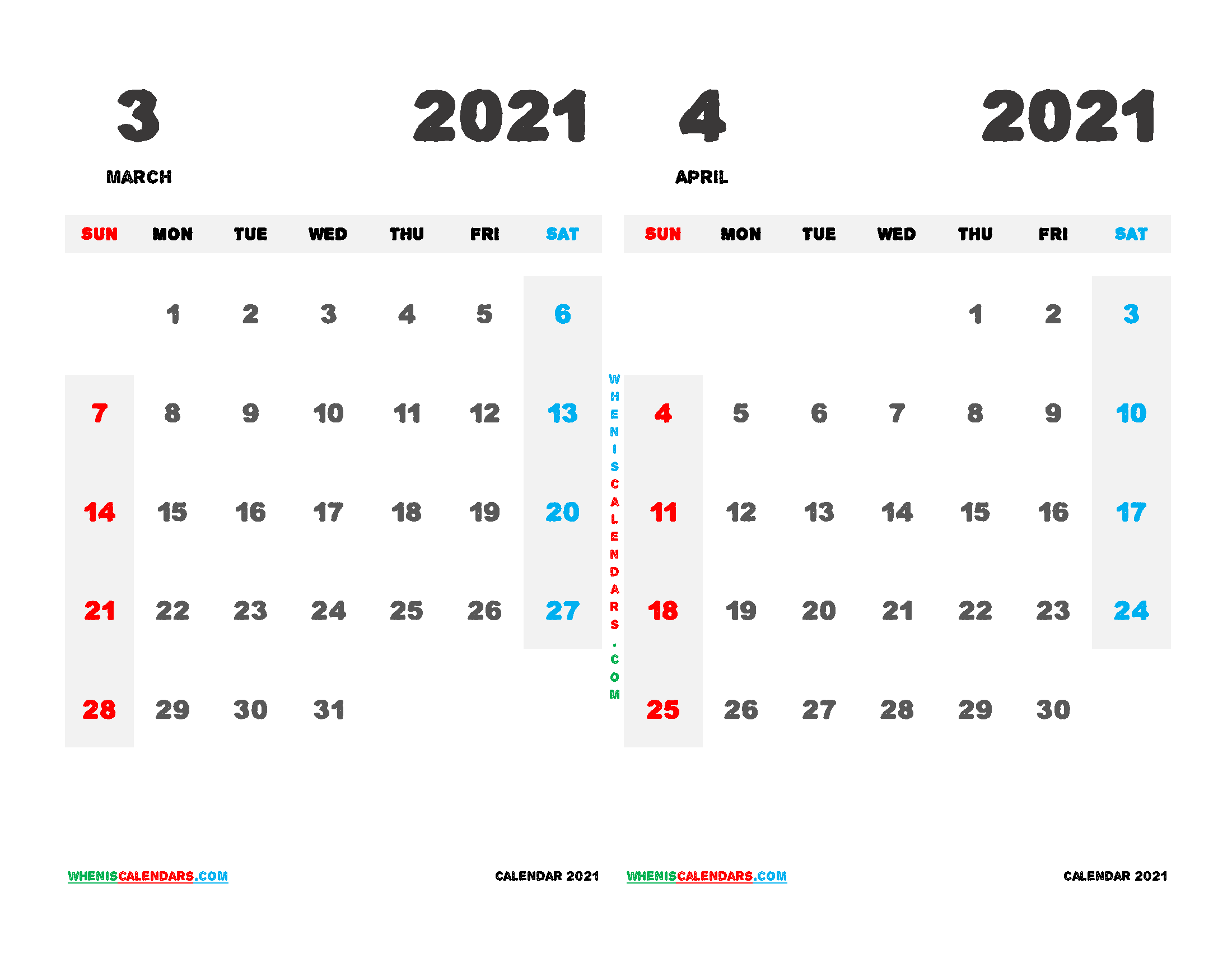 free printable march and april 2021 calendar two month on one page