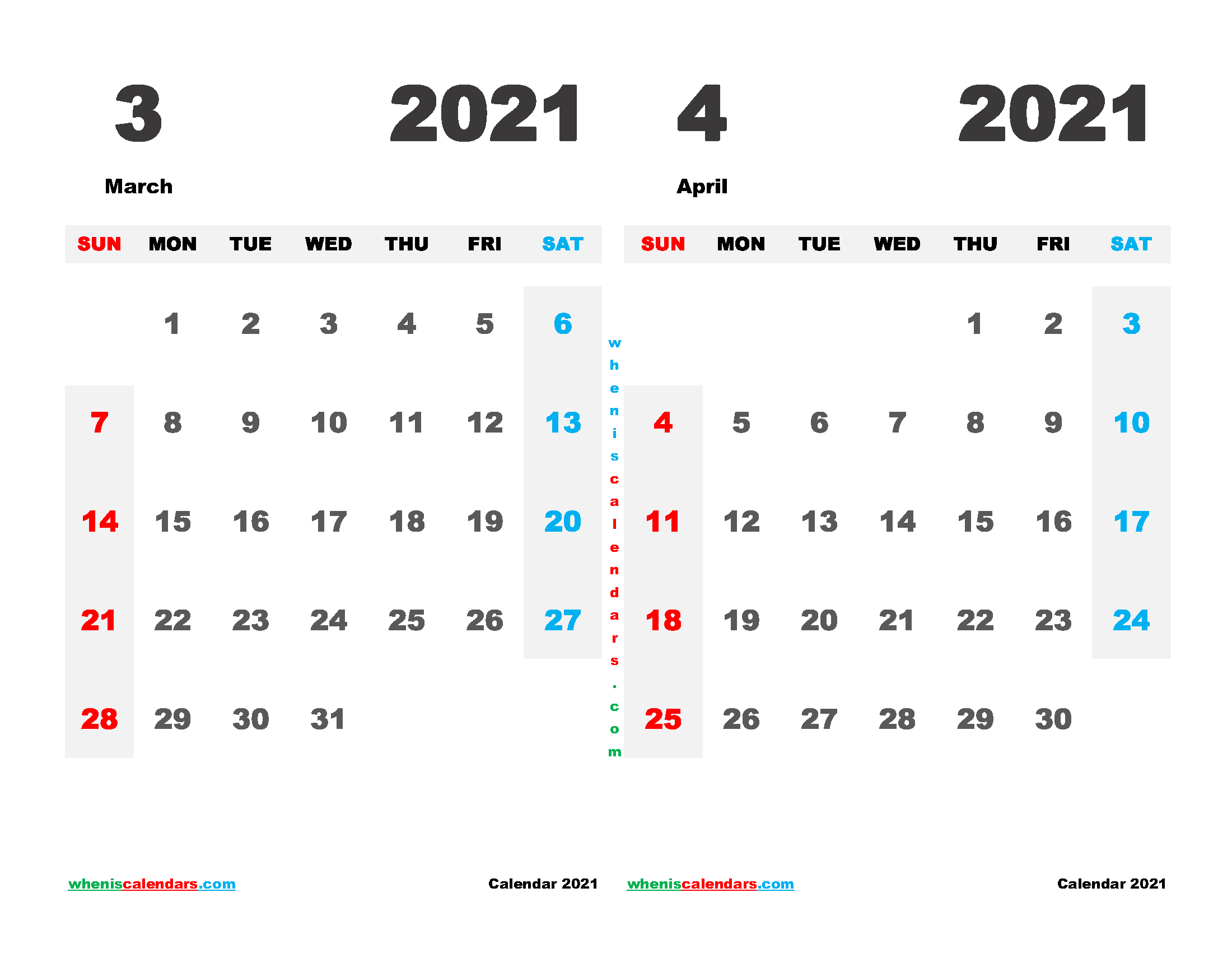 Calendar for March and April 2021