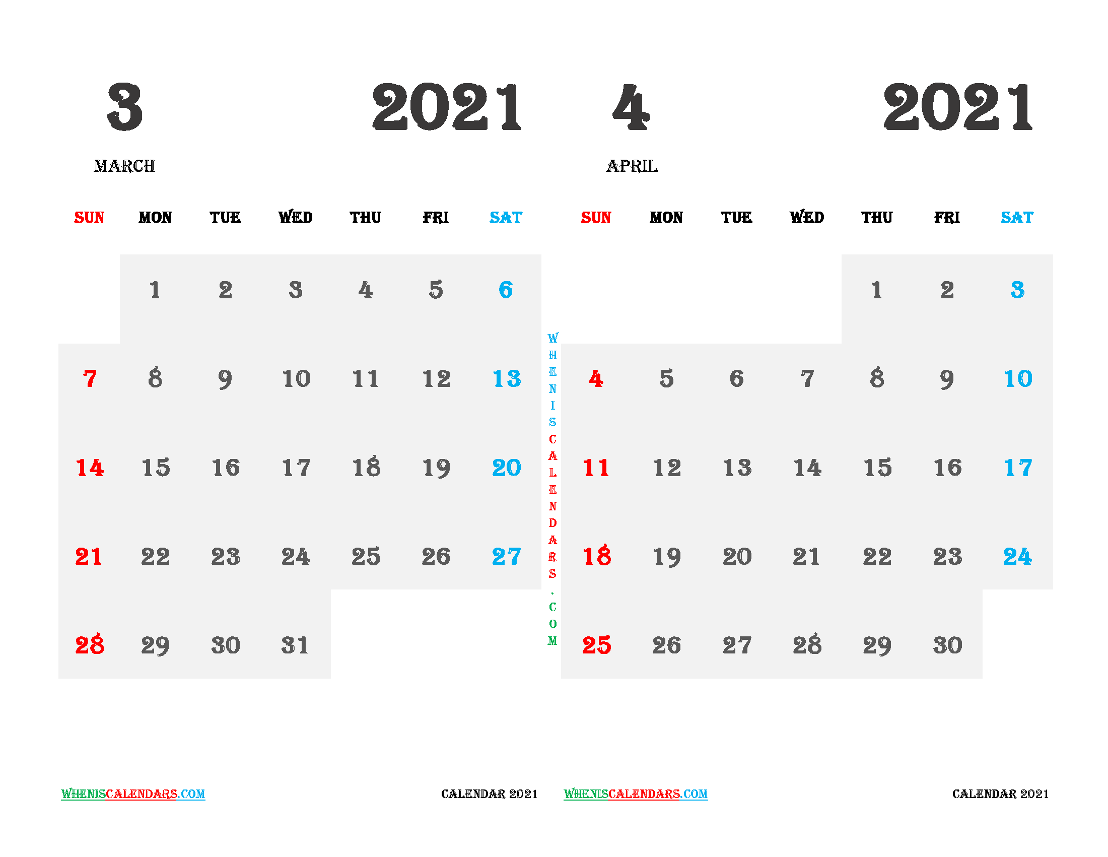 Calendar for March April 2021
