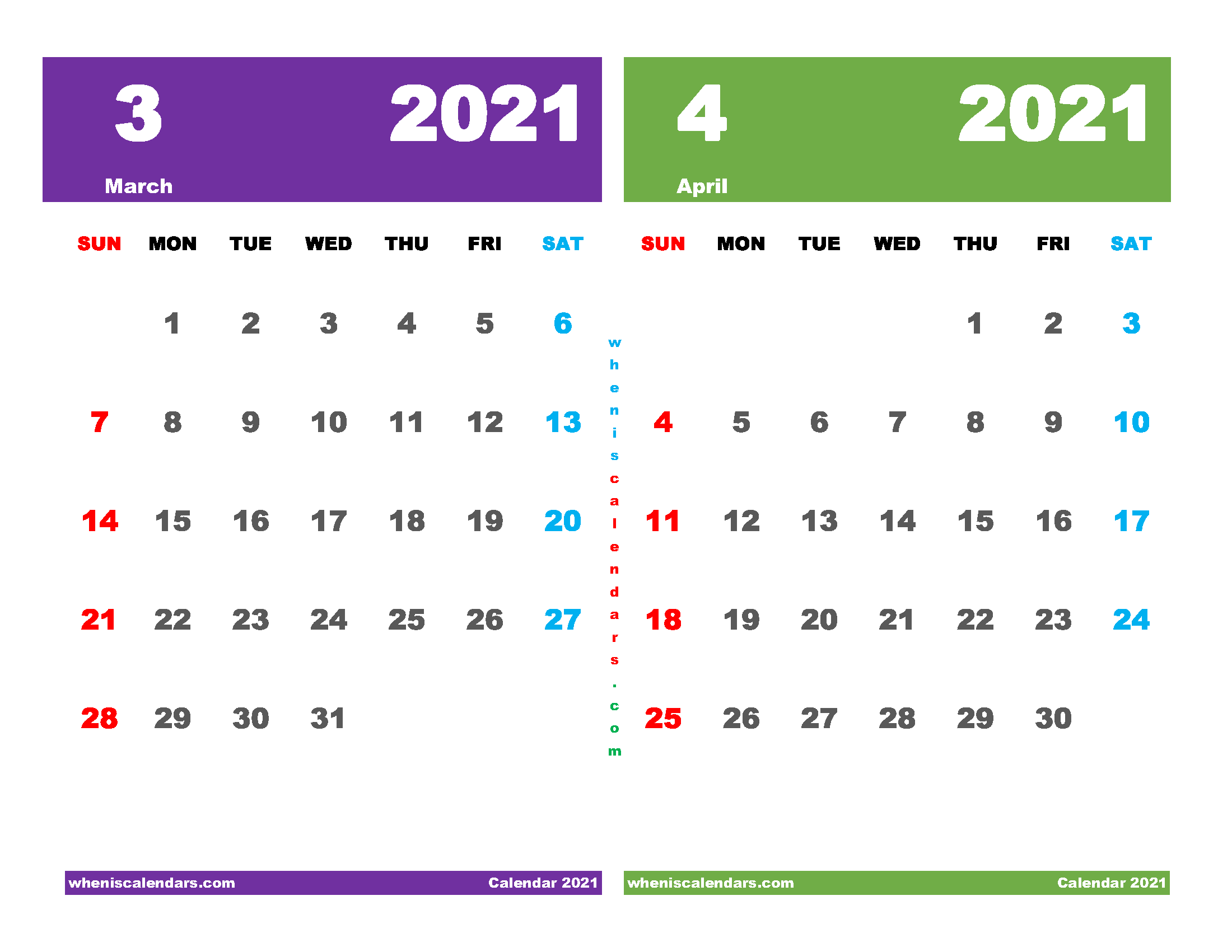 free printable march april 2021 calendar two month on one page