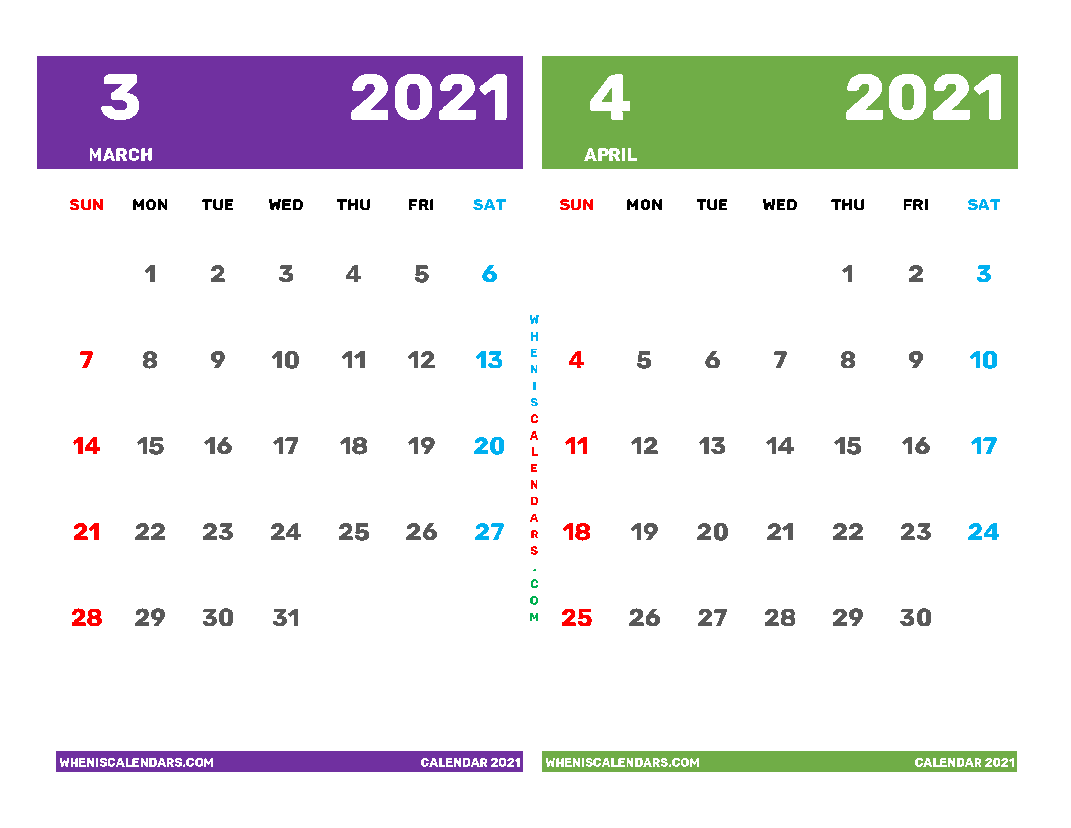 Calendar for March April 2021
