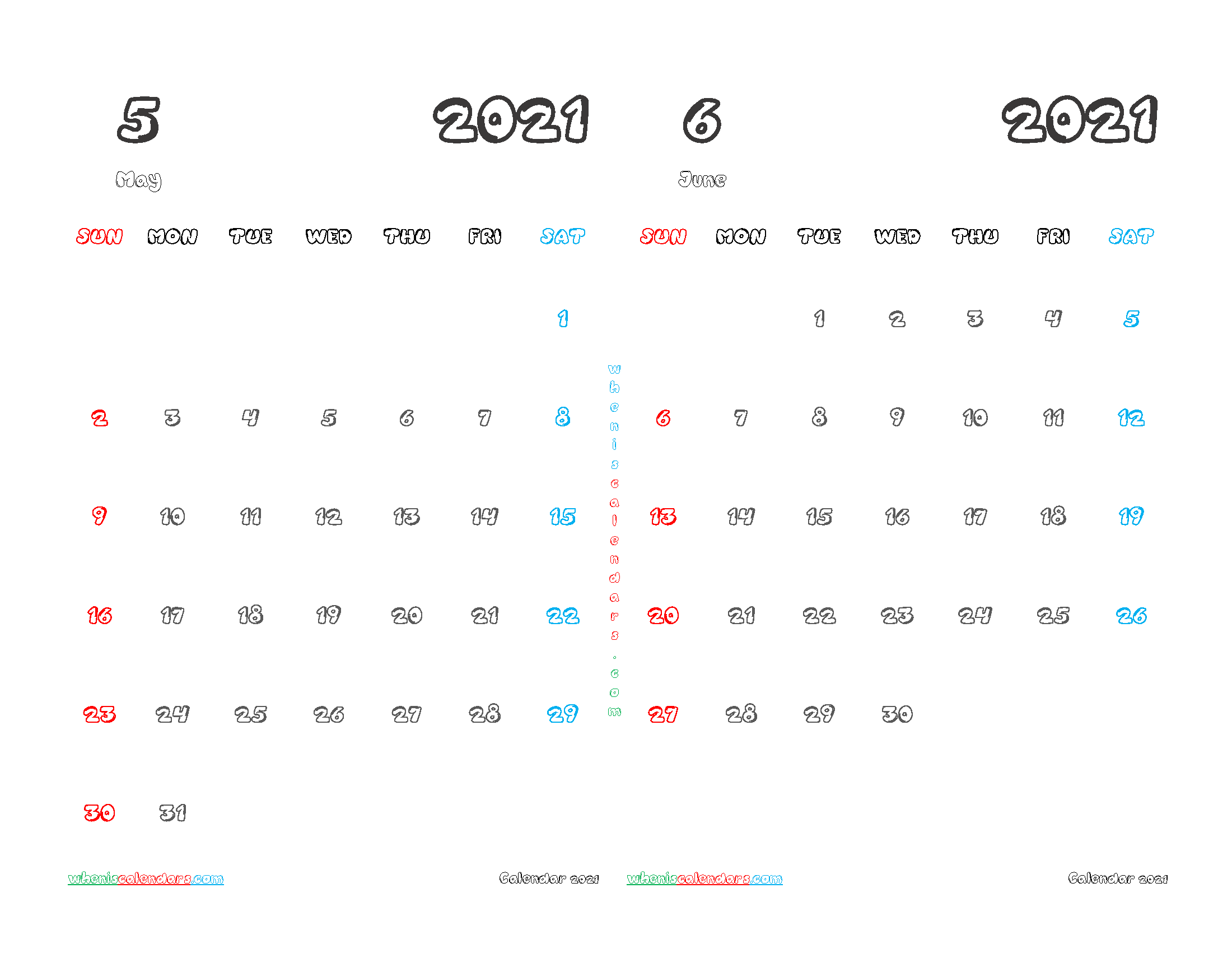 Calendar for May June 2021