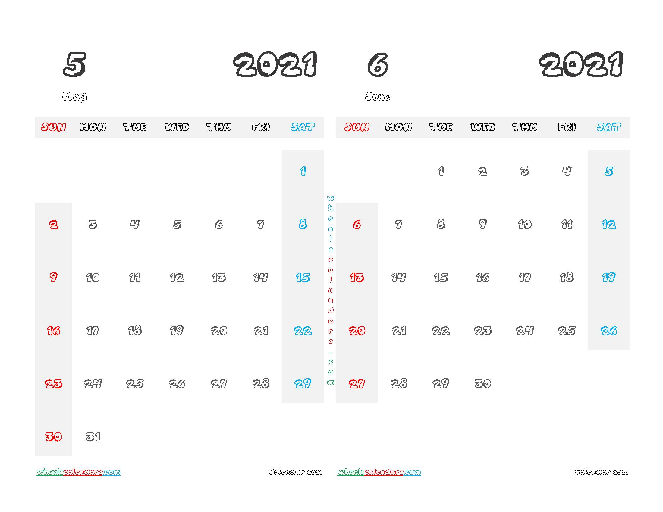 free printable may june 2021 calendar two month on one page