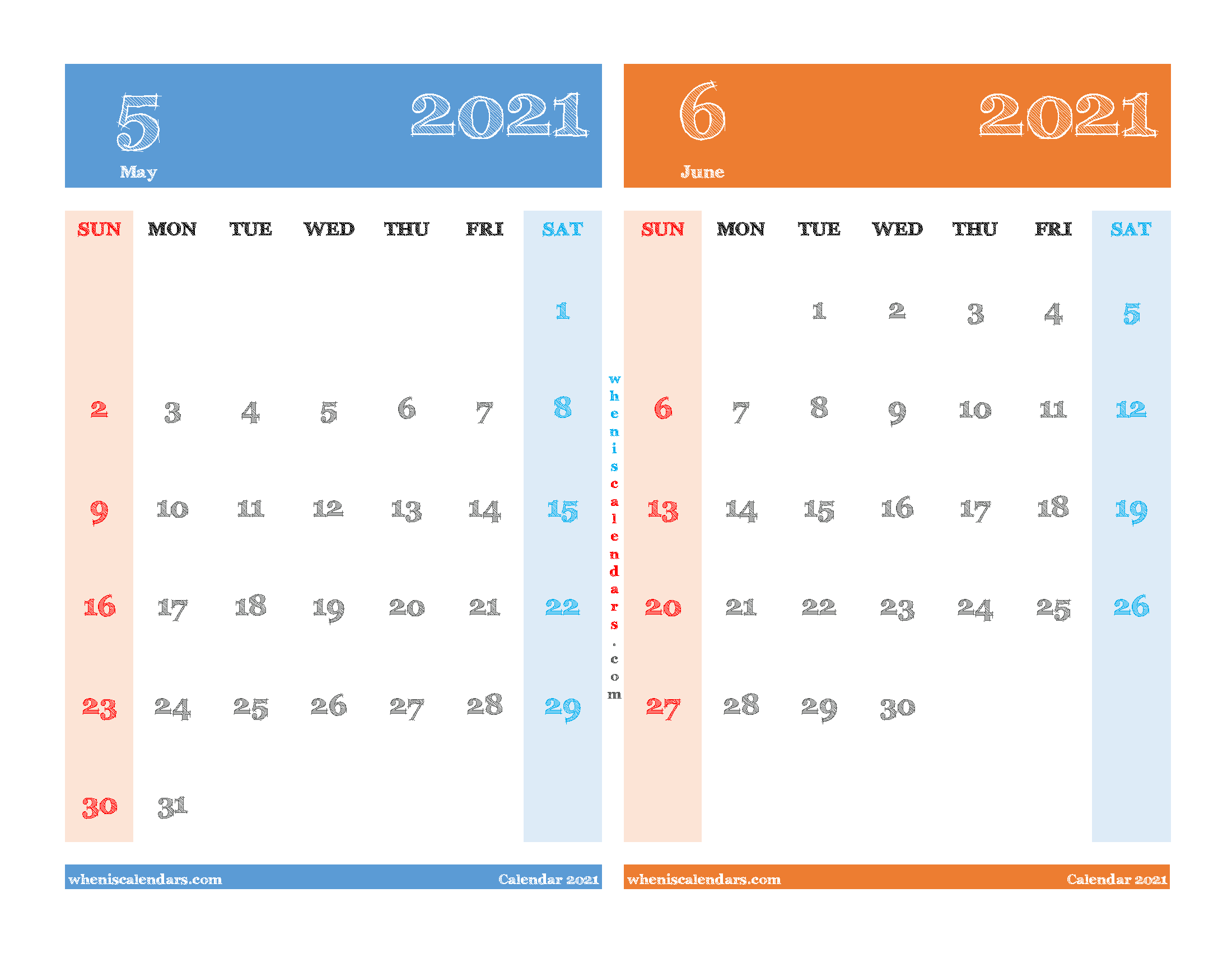 Calendar for May and June 2021