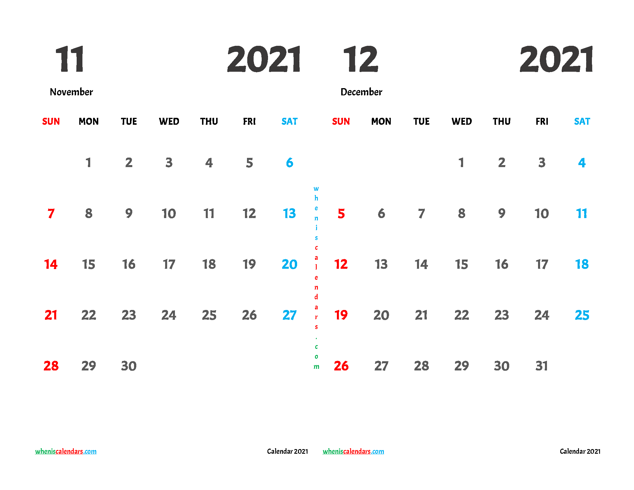 Calendar for November and December 2021