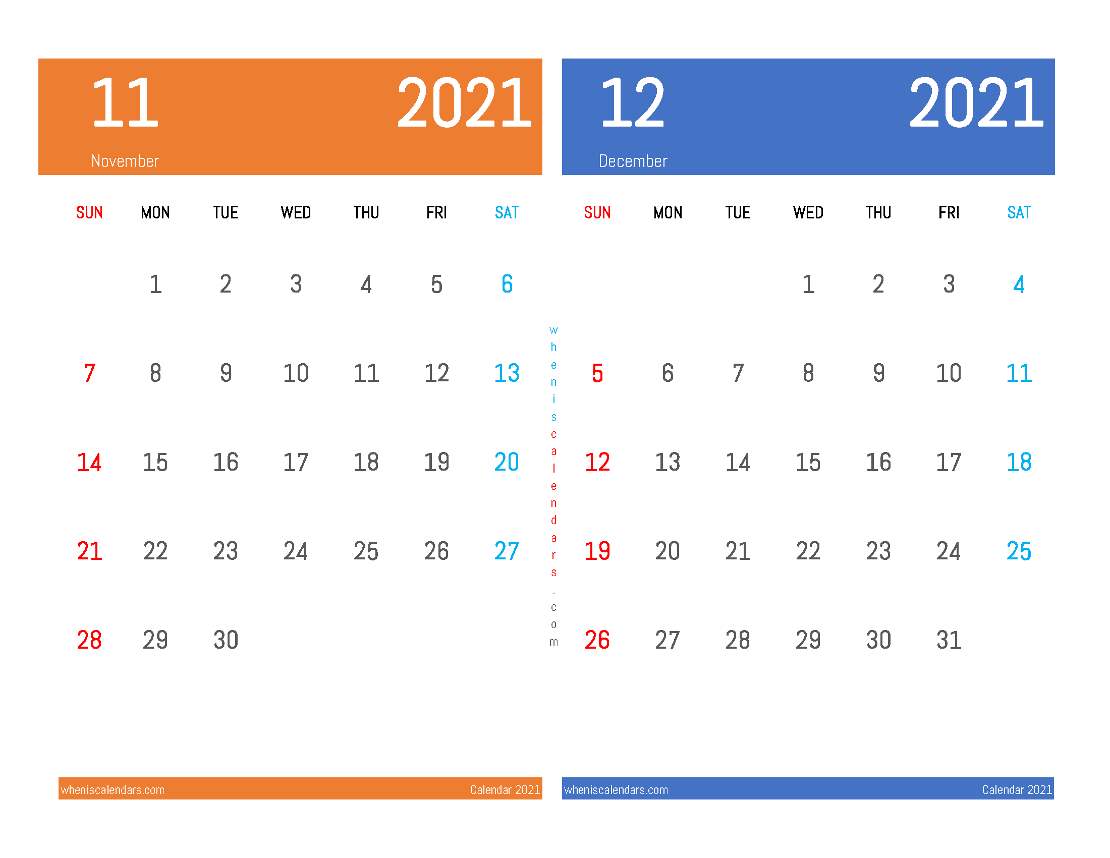 November December 2021 Calendar Free Printable