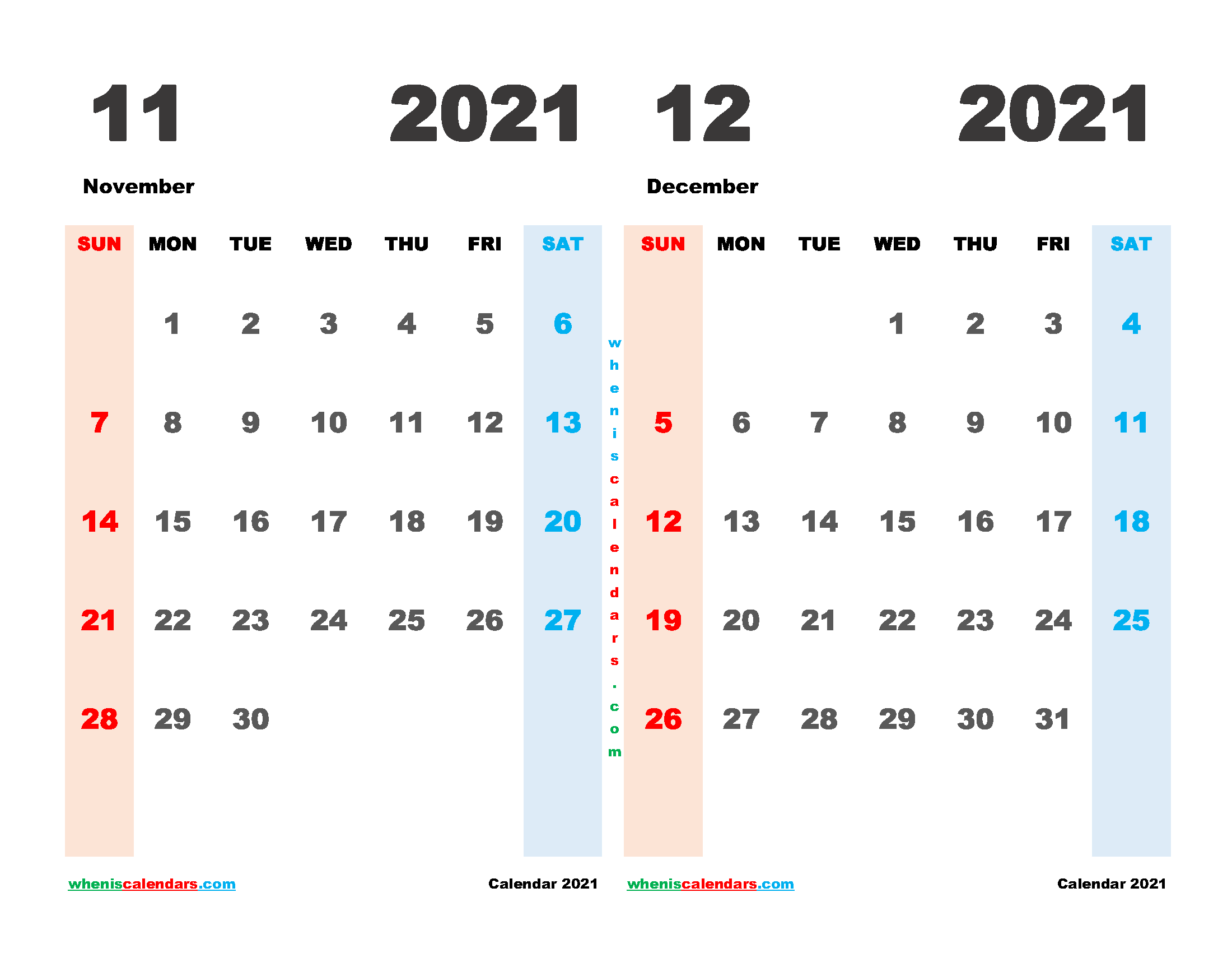 Calendar for November and December 2021