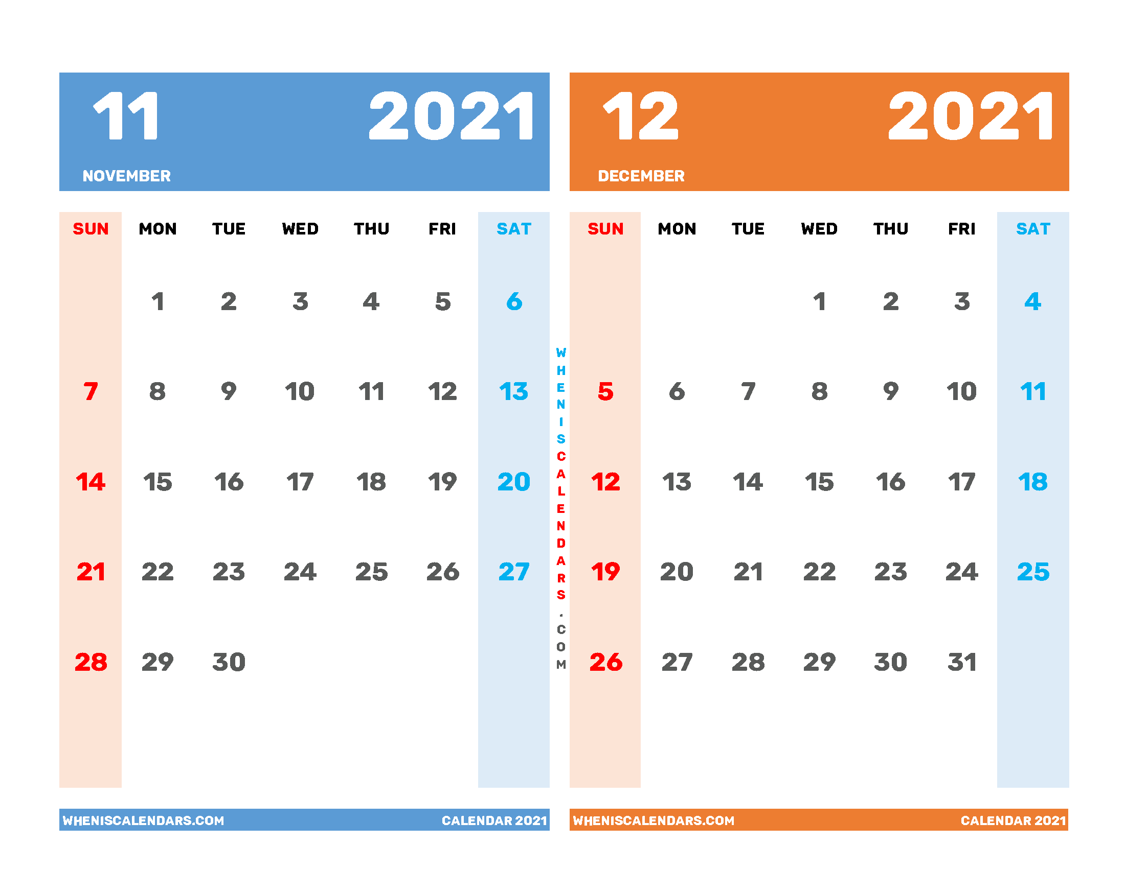 November December 2021 Calendar Free Printable