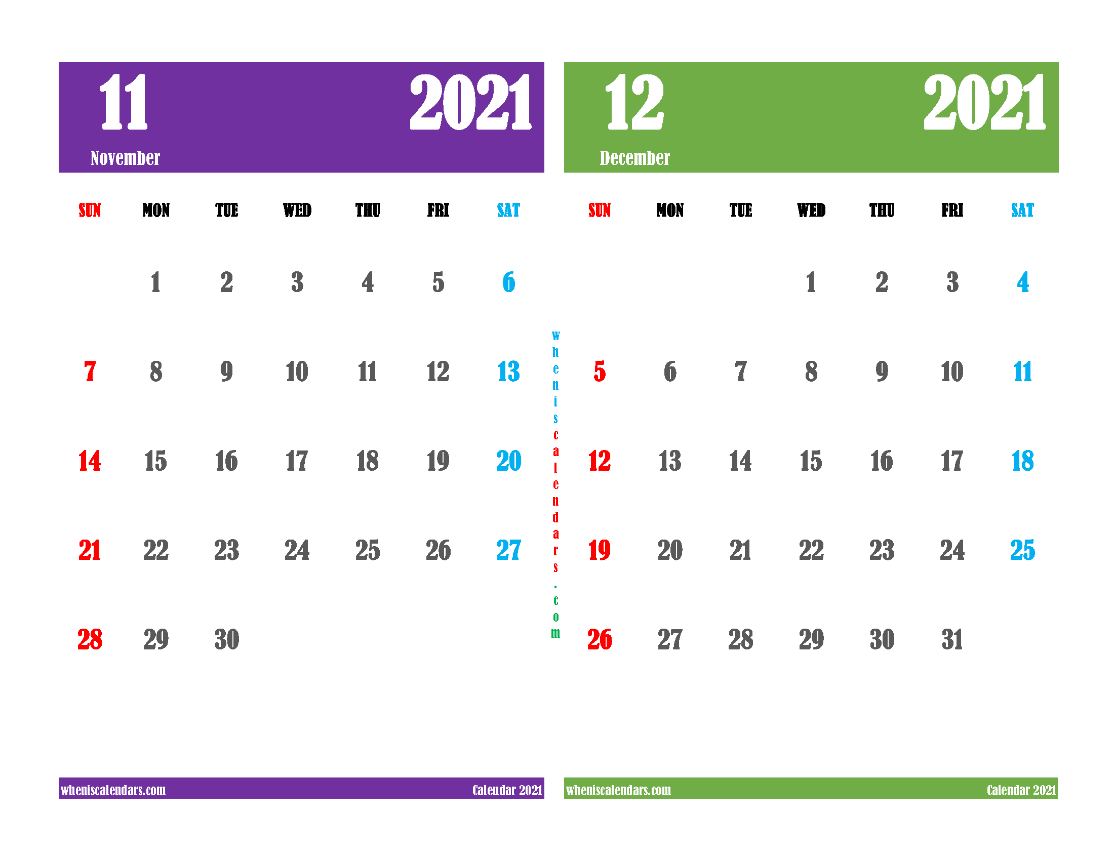 November December 2021 Calendar Printable Free