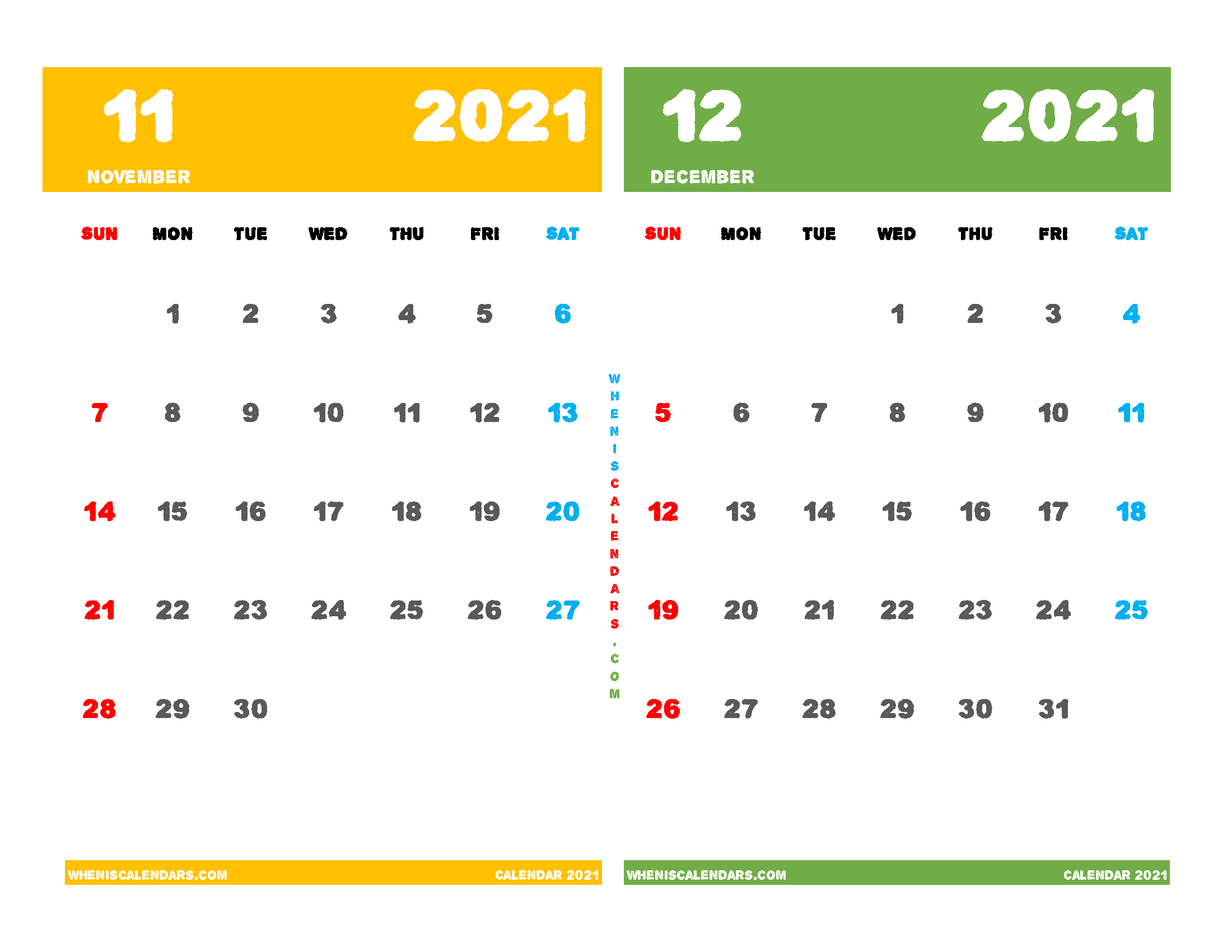 November December 2021 Calendar Printable Free