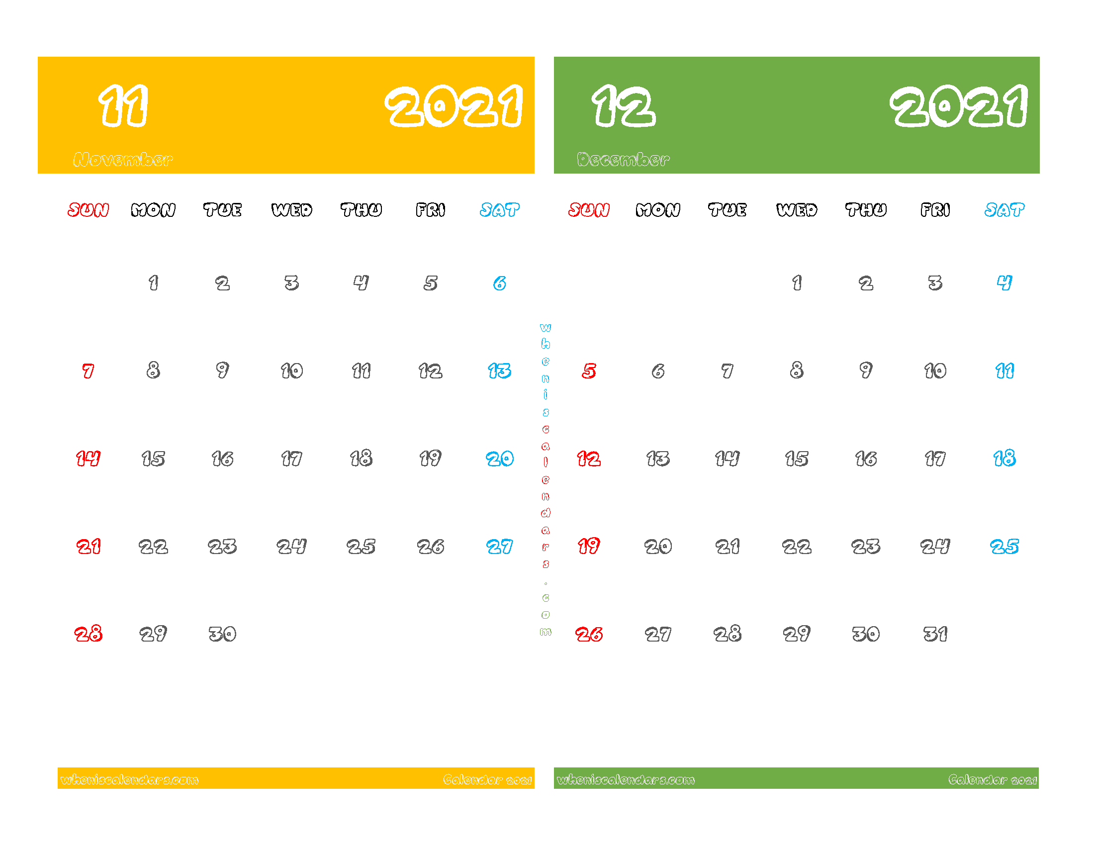 November and December 2021 Calendar Printable
