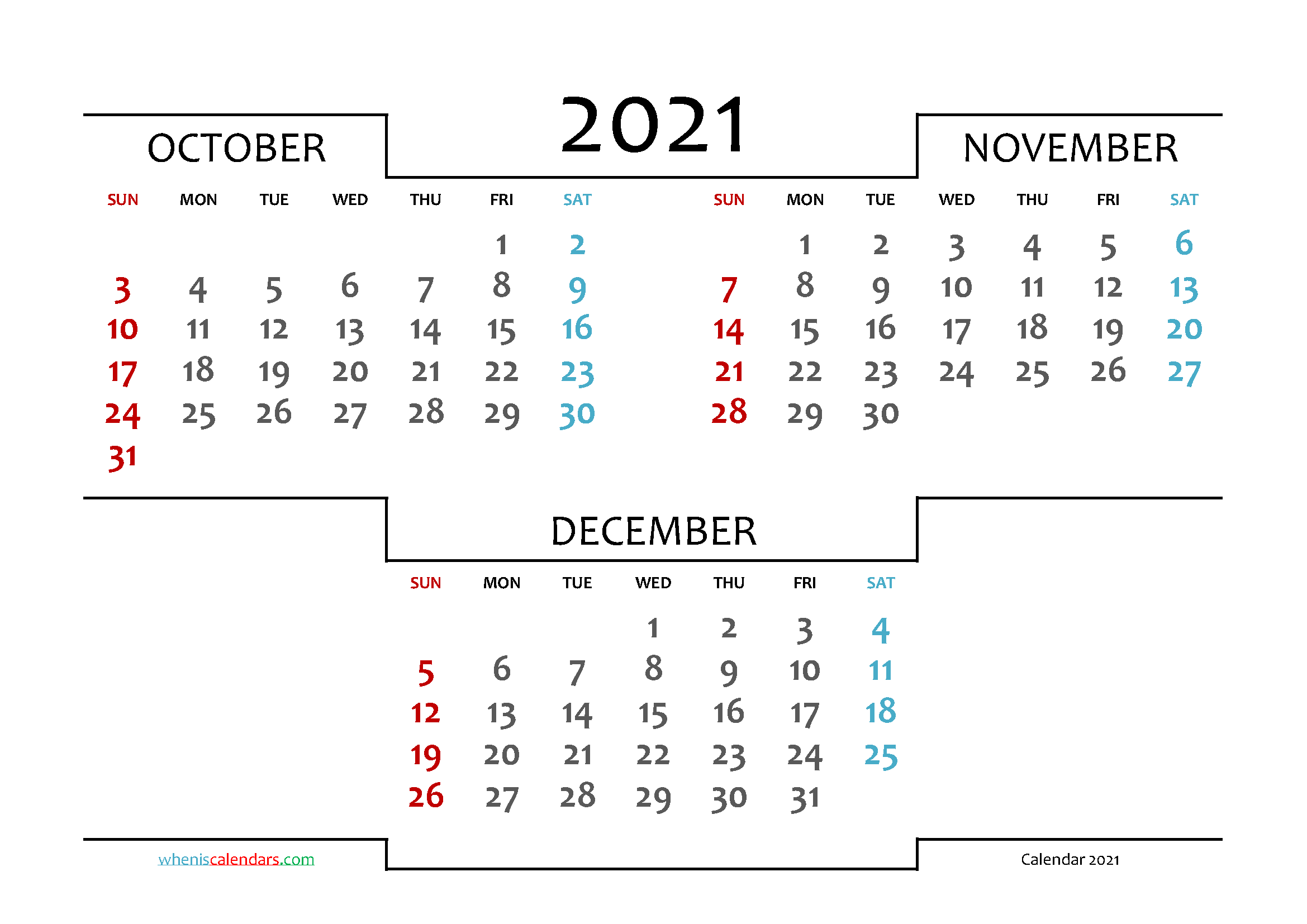 October November December 2021 Printable Calendar