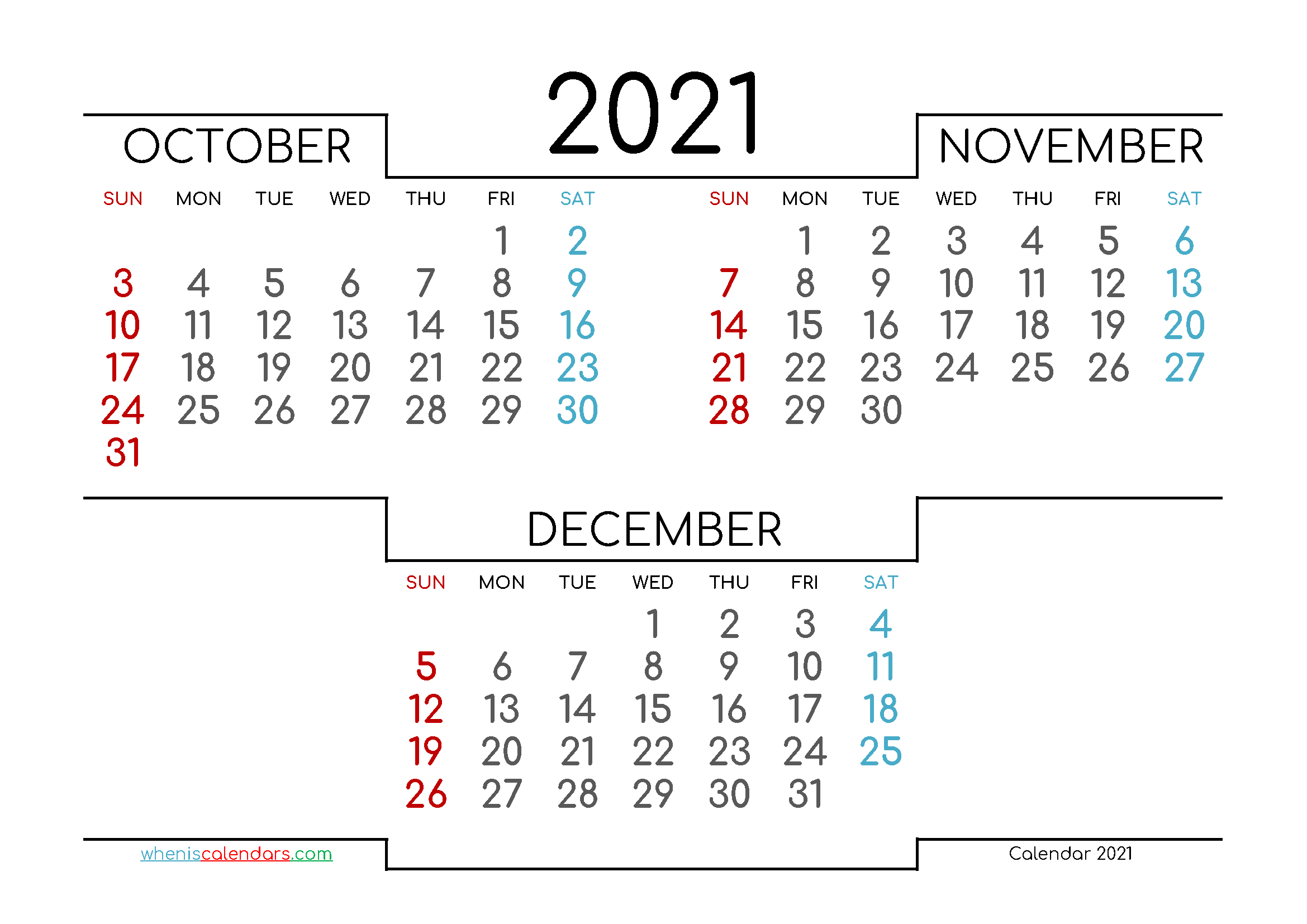 October November December 2021 Printable Calendar