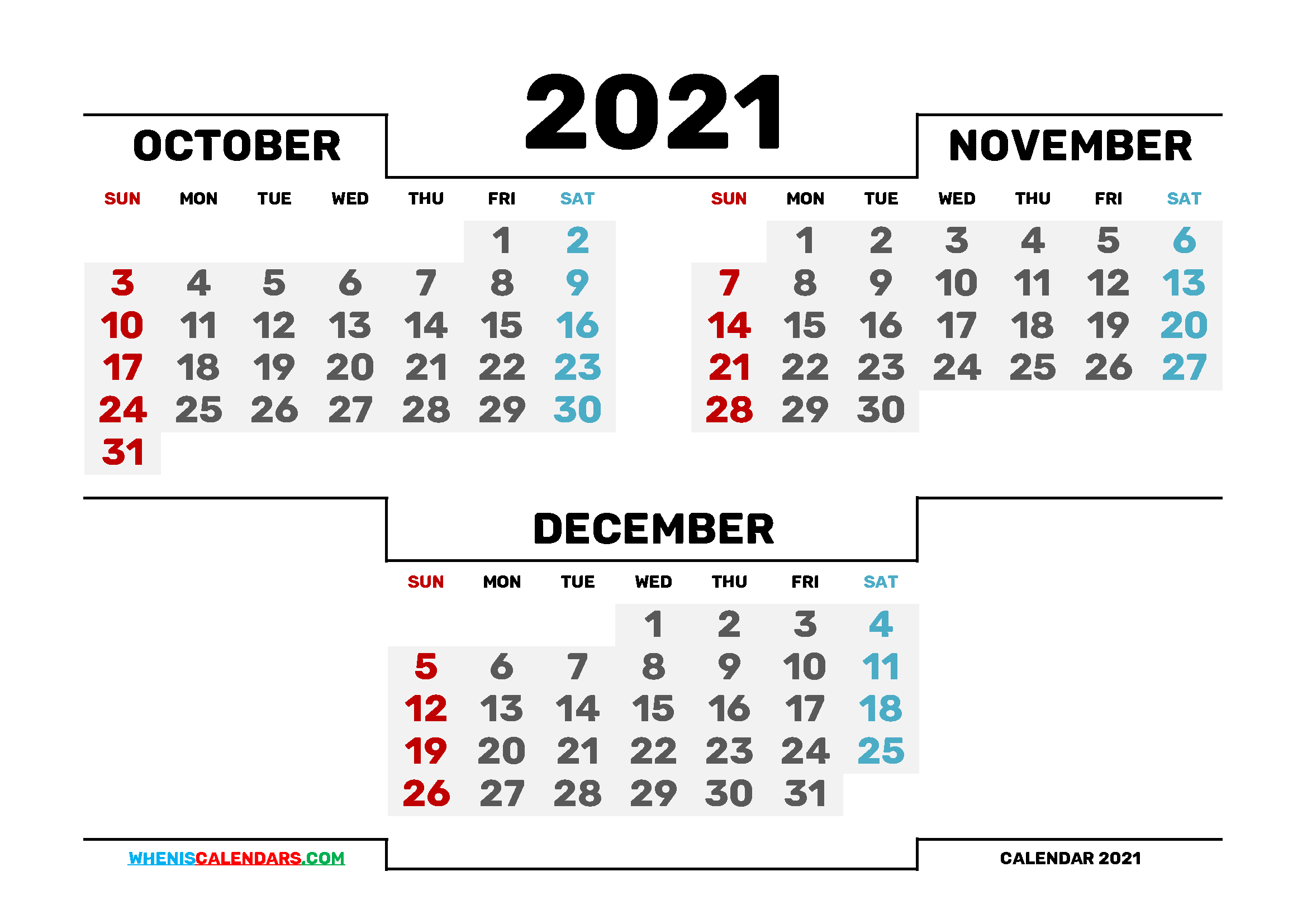 October November December 2021 Calendar printable 3 month calendar on one page