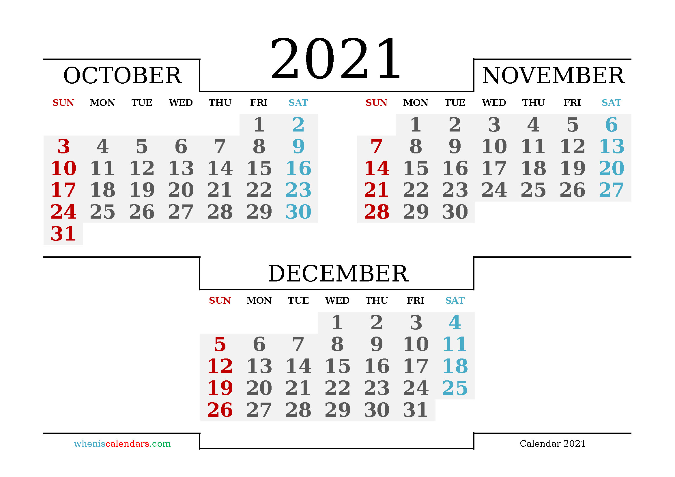 Free October November December 2021 Calendar Printable